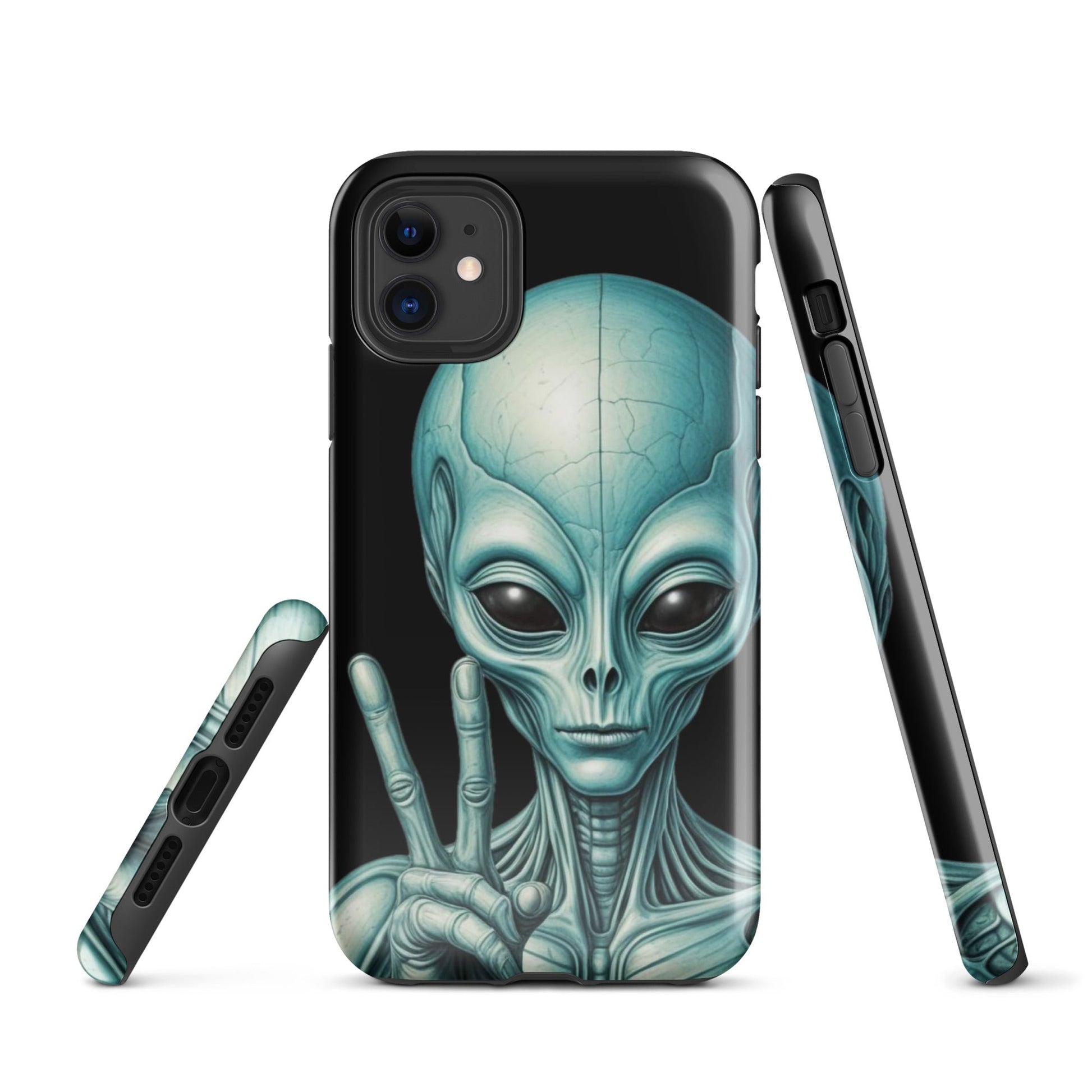 Trendy iPhone Tough Case with Alien Peace Symbol on Black Background | Dual - Layer Protection - Sublimegifts4u.com