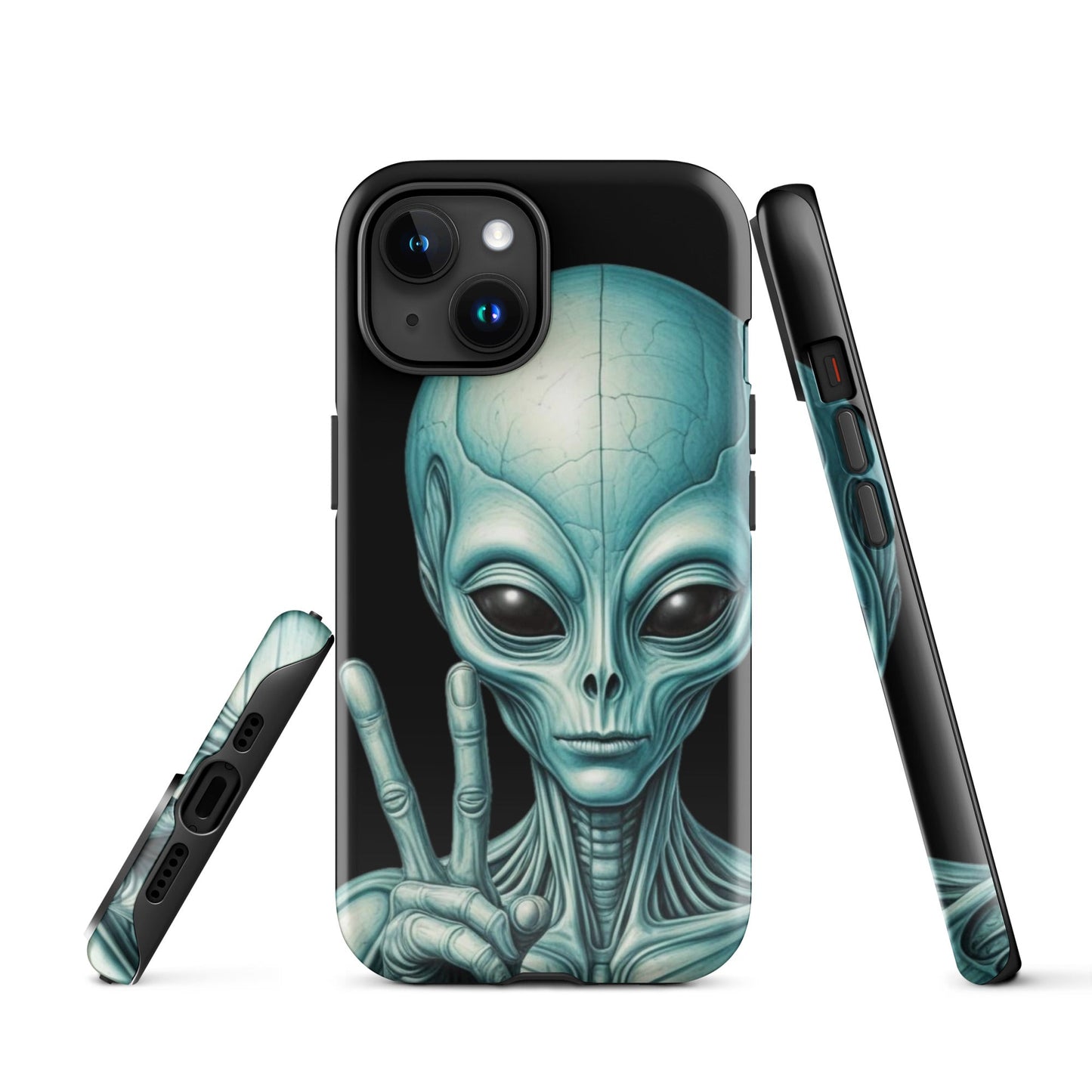 Trendy iPhone Tough Case with Alien Peace Symbol on Black Background | Dual - Layer Protection - Sublimegifts4u.com