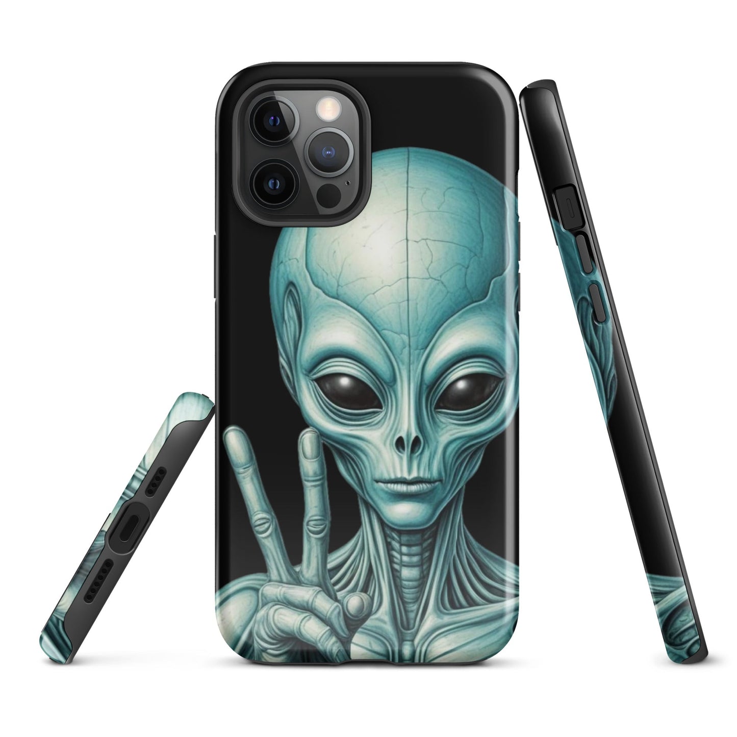 Trendy iPhone Tough Case with Alien Peace Symbol on Black Background | Dual - Layer Protection - Sublimegifts4u.com