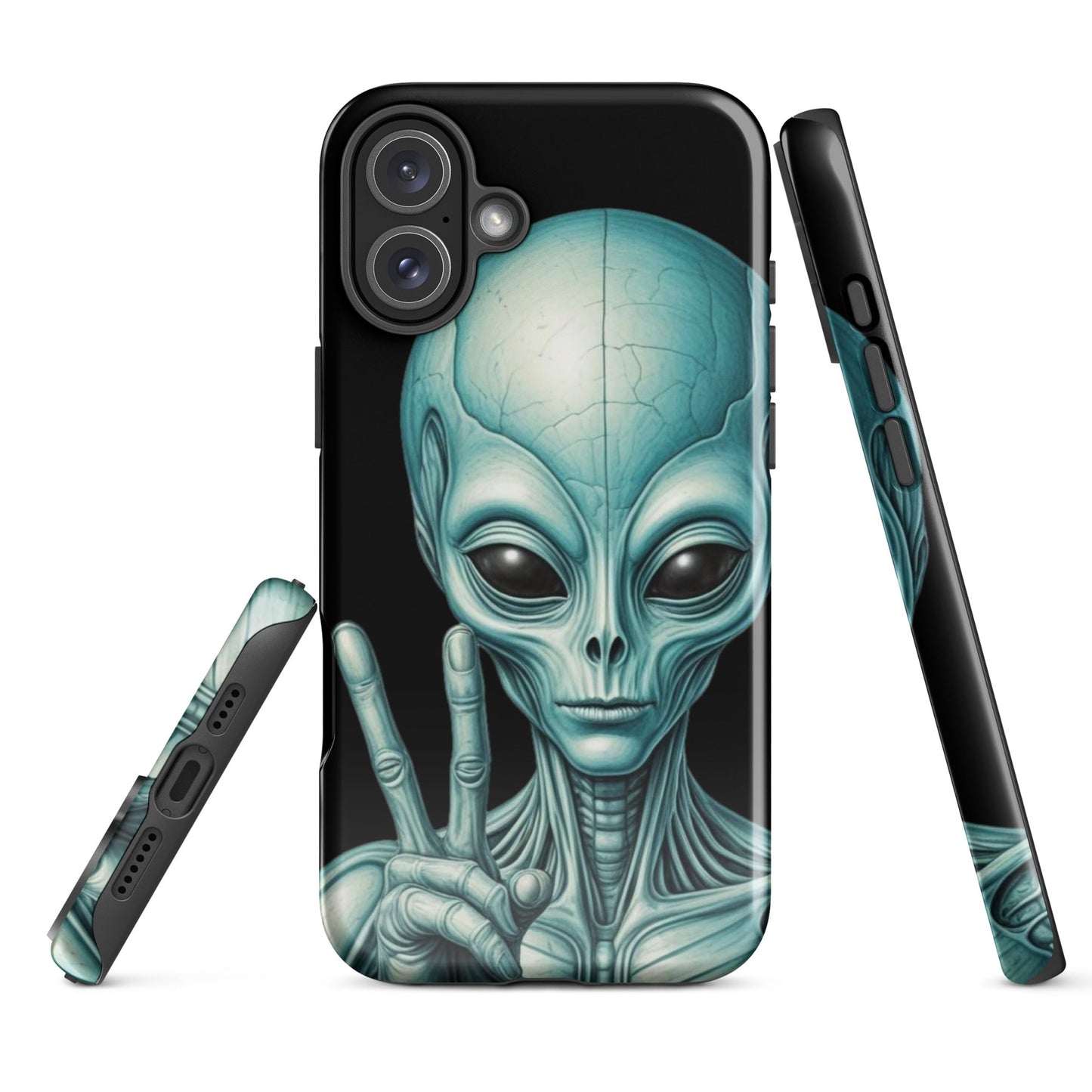 Trendy iPhone Tough Case with Alien Peace Symbol on Black Background | Dual - Layer Protection - Sublimegifts4u.com