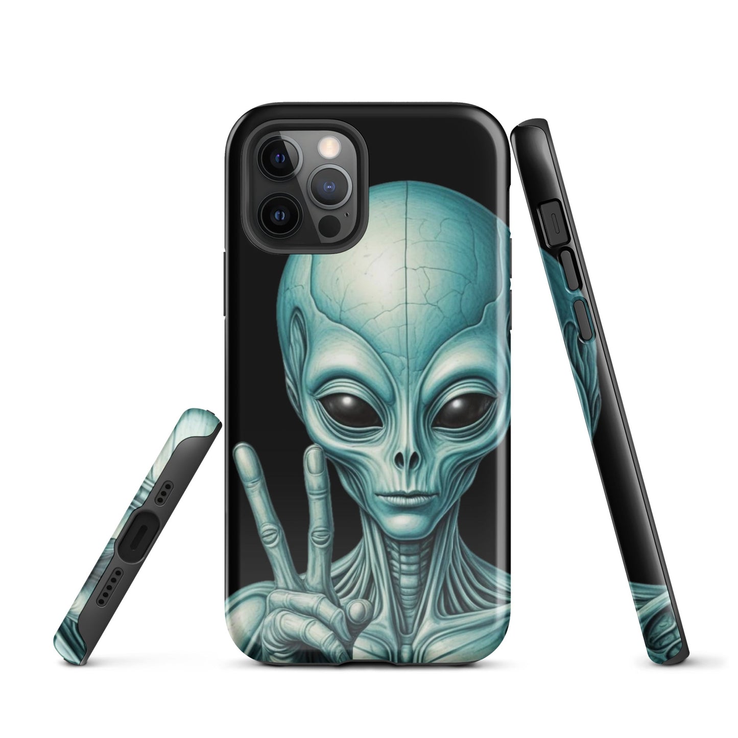 Trendy iPhone Tough Case with Alien Peace Symbol on Black Background | Dual - Layer Protection - Sublimegifts4u.com