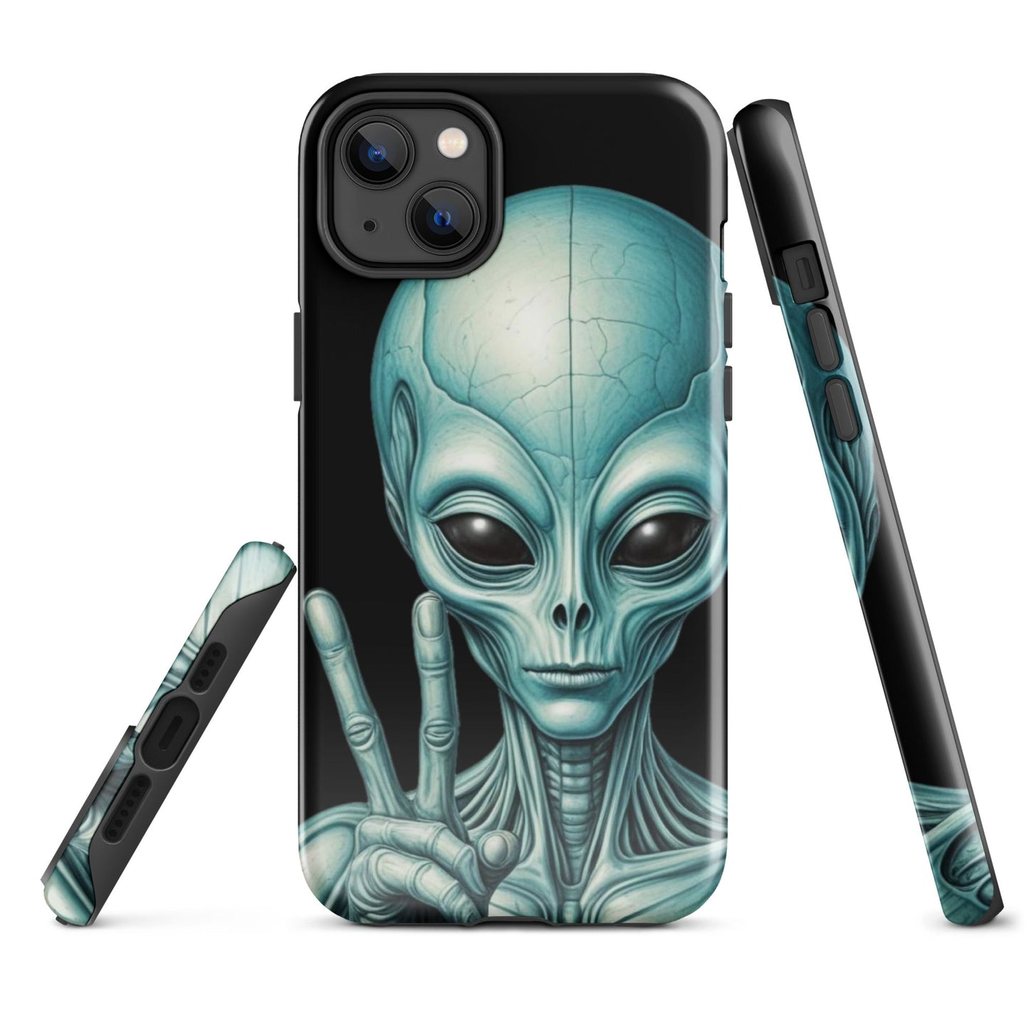 Trendy iPhone Tough Case with Alien Peace Symbol on Black Background | Dual - Layer Protection - Sublimegifts4u.com