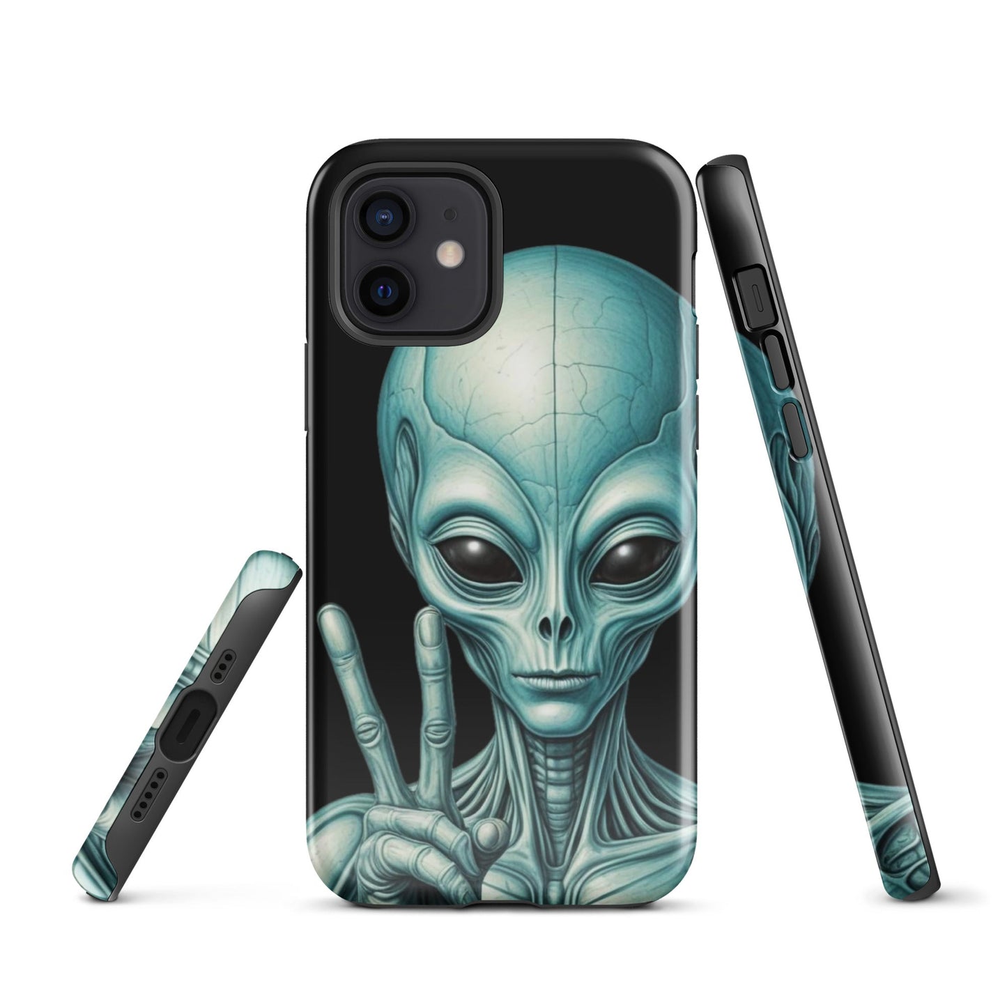 Trendy iPhone Tough Case with Alien Peace Symbol on Black Background | Dual - Layer Protection - Sublimegifts4u.com