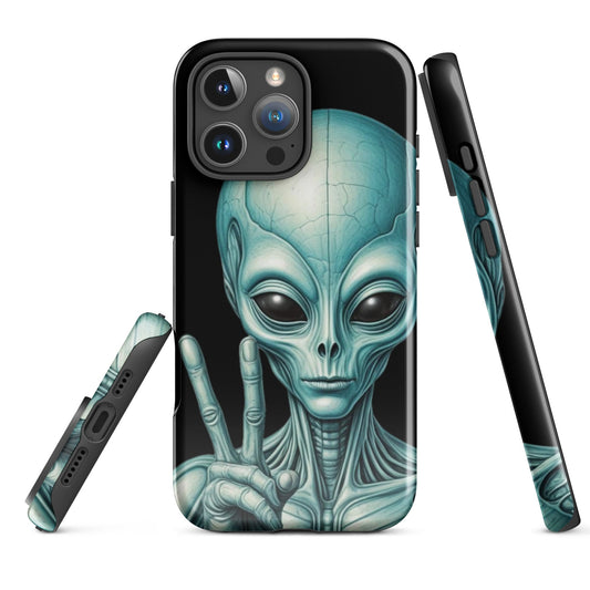 Trendy iPhone Tough Case with Alien Peace Symbol on Black Background | Dual - Layer Protection - Sublimegifts4u.com