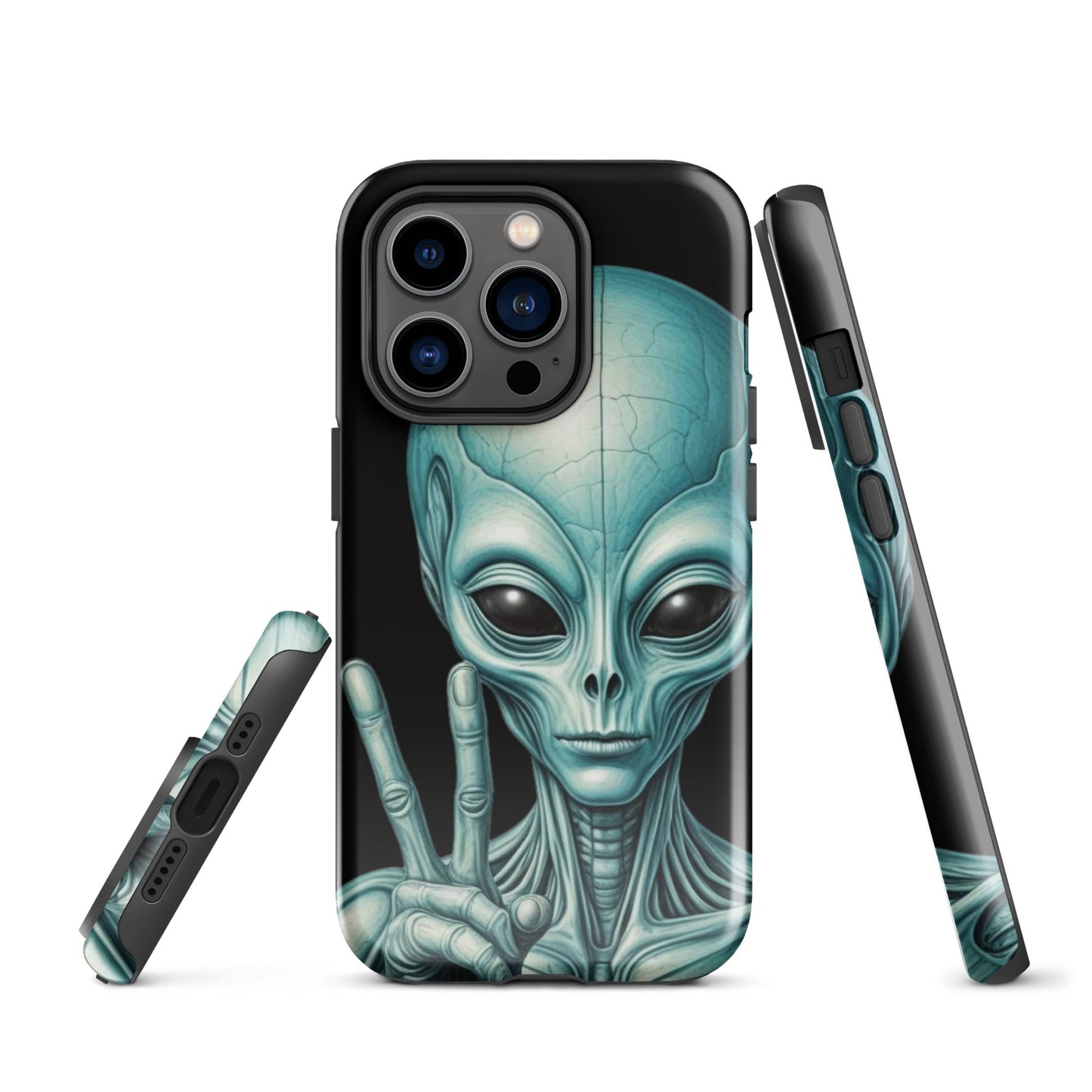 Trendy iPhone Tough Case with Alien Peace Symbol on Black Background | Dual - Layer Protection - Sublimegifts4u.com