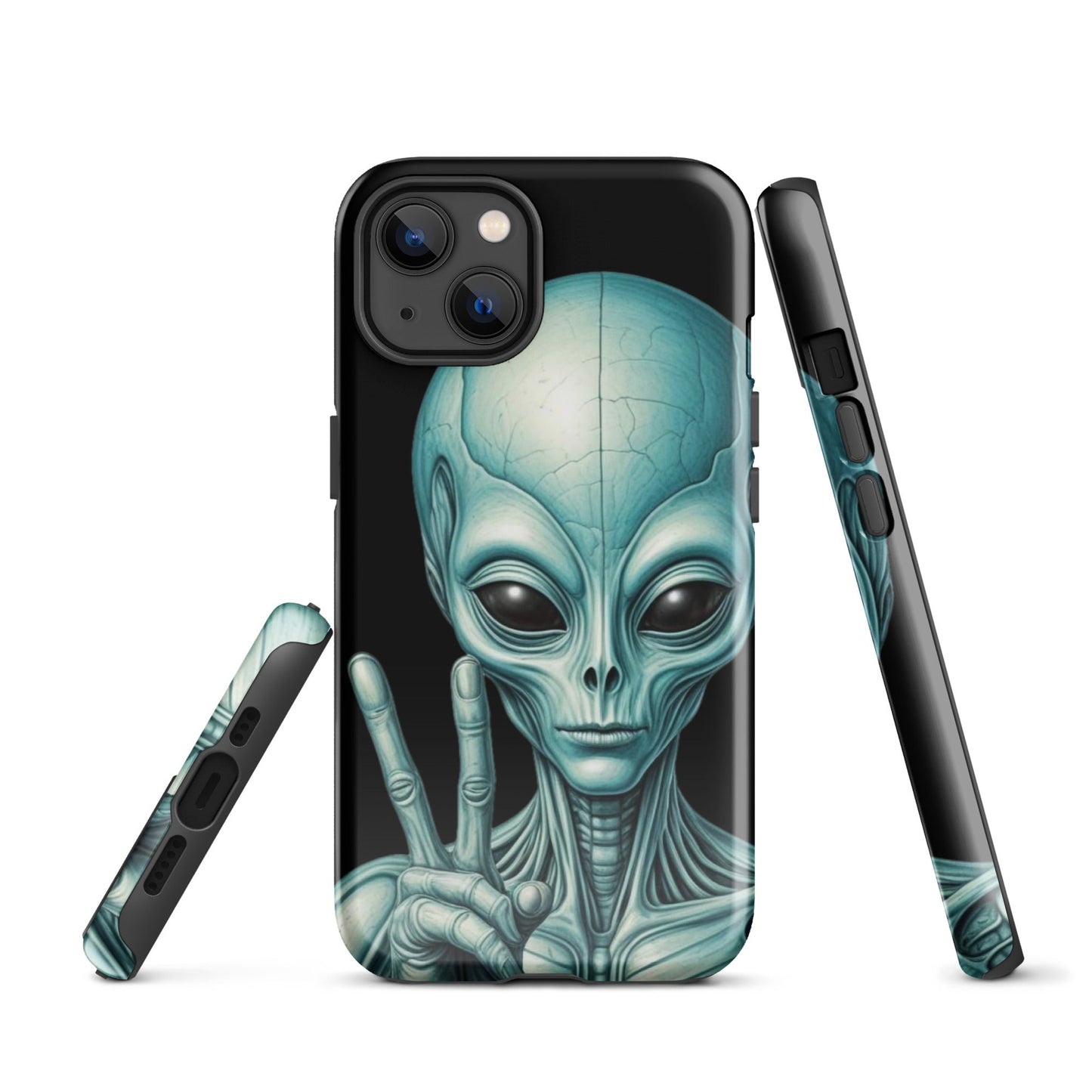 Trendy iPhone Tough Case with Alien Peace Symbol on Black Background | Dual - Layer Protection - Sublimegifts4u.com