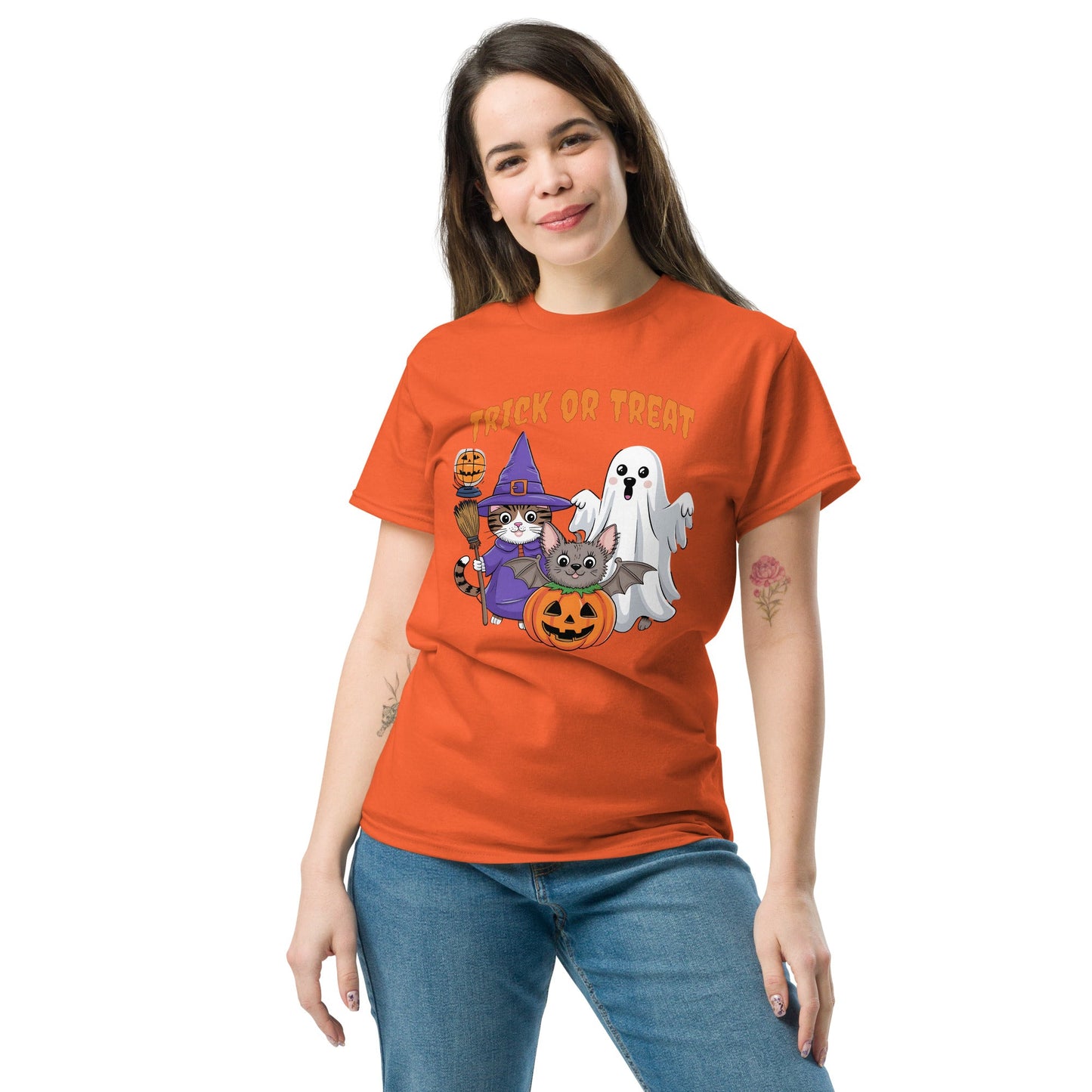 Trick or Treat Halloween Tee for Women | Cat & Ghost Design - Sublimegifts4u.com