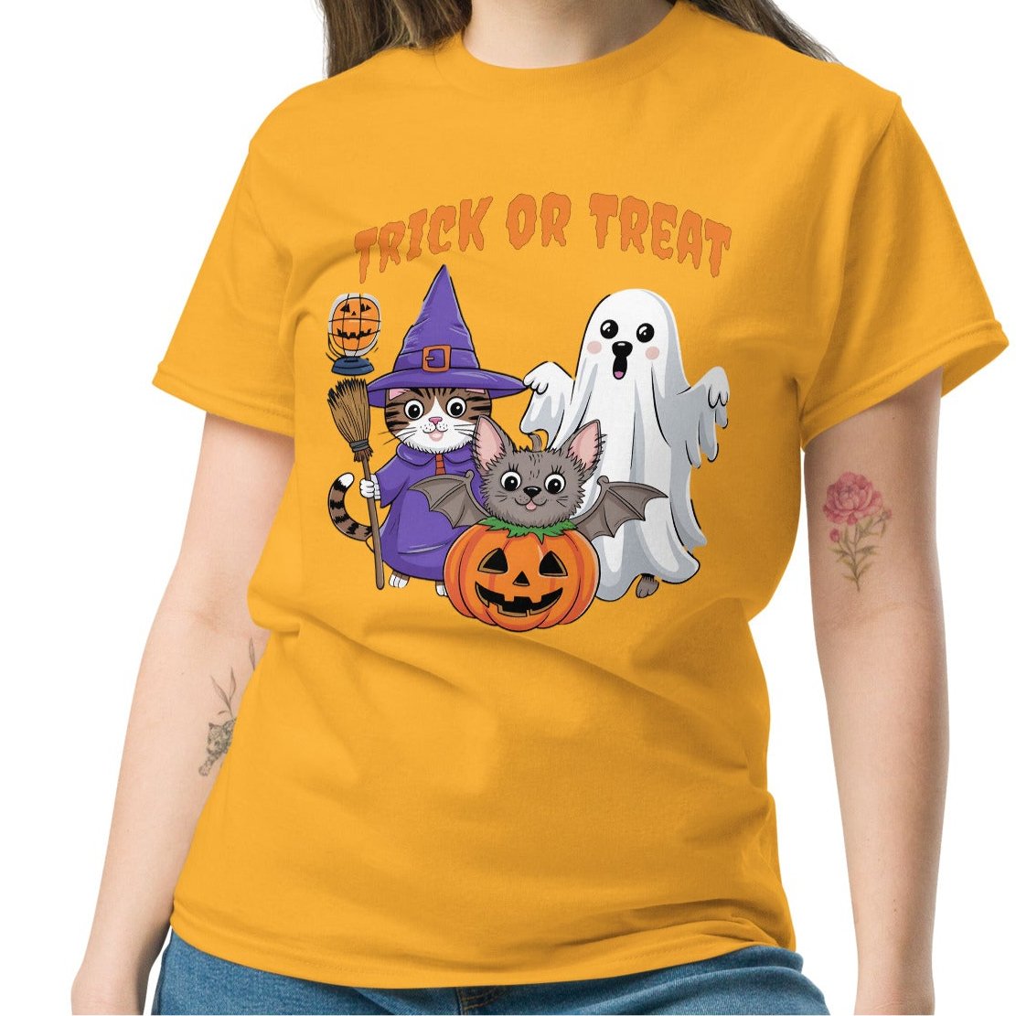 Trick or Treat Halloween Tee for Women | Cat & Ghost Design - Sublimegifts4u.com