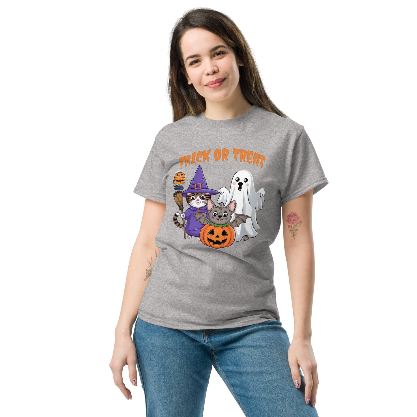 Trick or Treat Halloween Tee for Women | Cat & Ghost Design - Sublimegifts4u.com