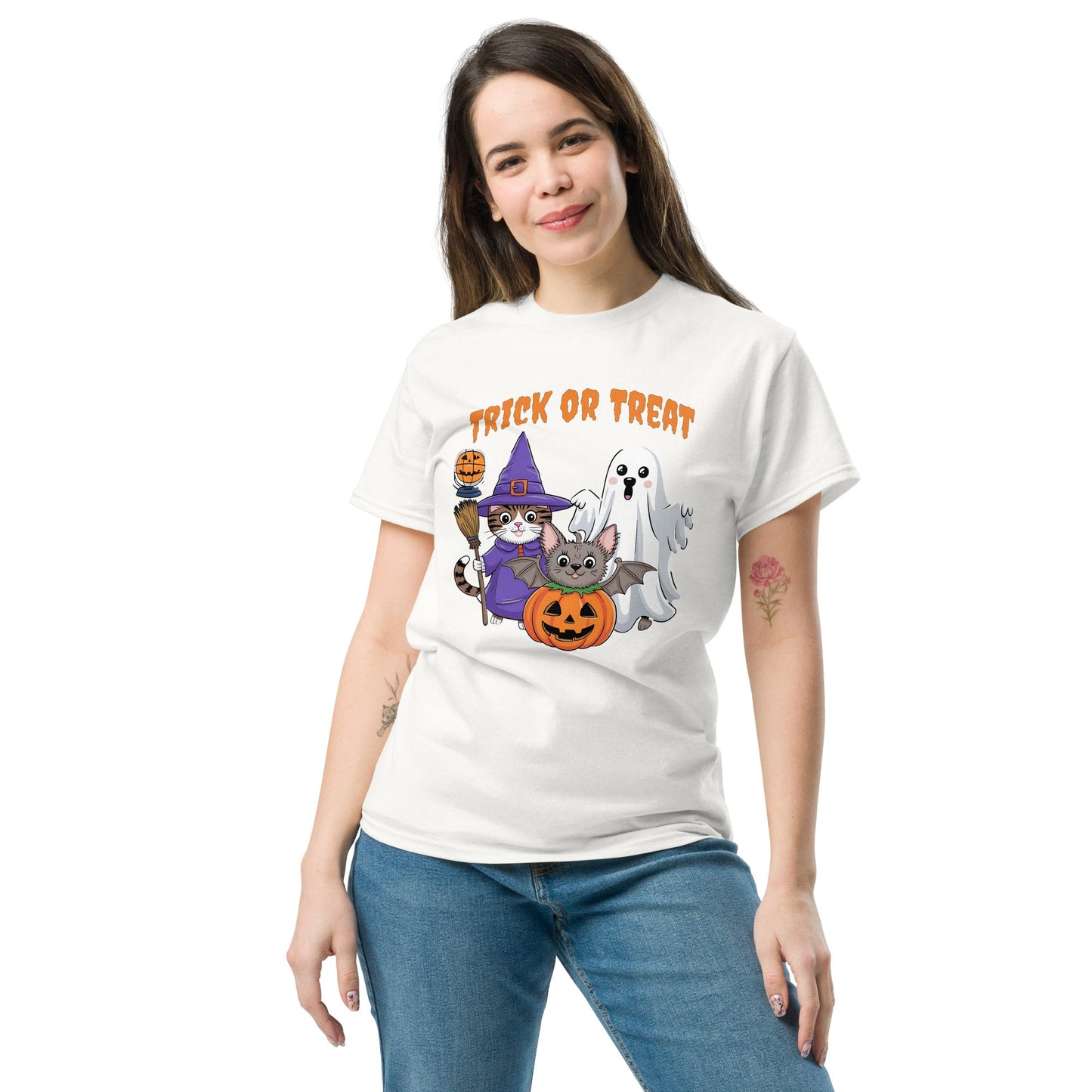 Trick or Treat Halloween Tee for Women | Cat & Ghost Design - Sublimegifts4u.com