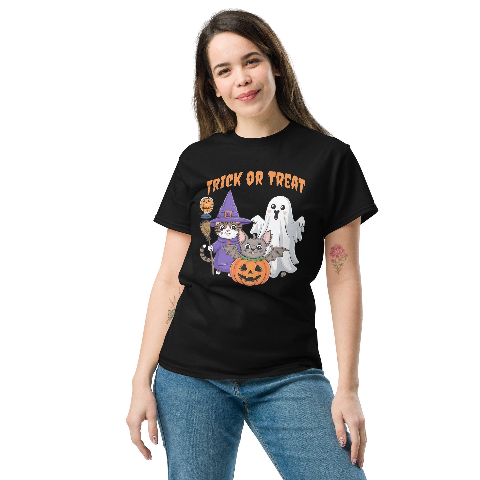 Trick or Treat Halloween Tee for Women | Cat & Ghost Design - Sublimegifts4u.com