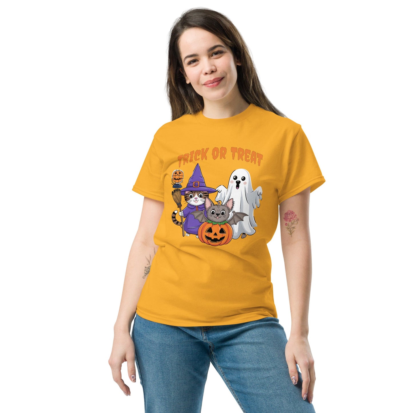 Trick or Treat Halloween Tee for Women | Cat & Ghost Design - Sublimegifts4u.com