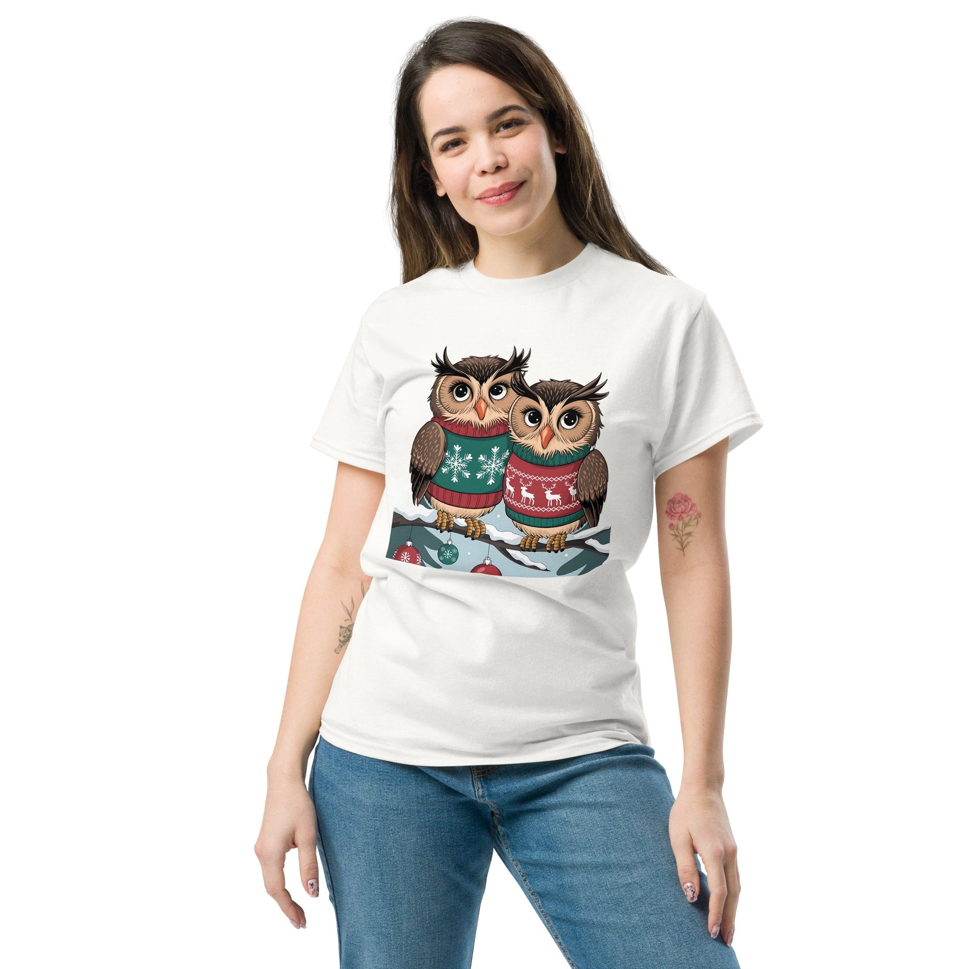 Two Owls in Christmas Sweaters T-Shirt | 100% Cotton Women’s Holiday Tee - Sublimegifts4u.com