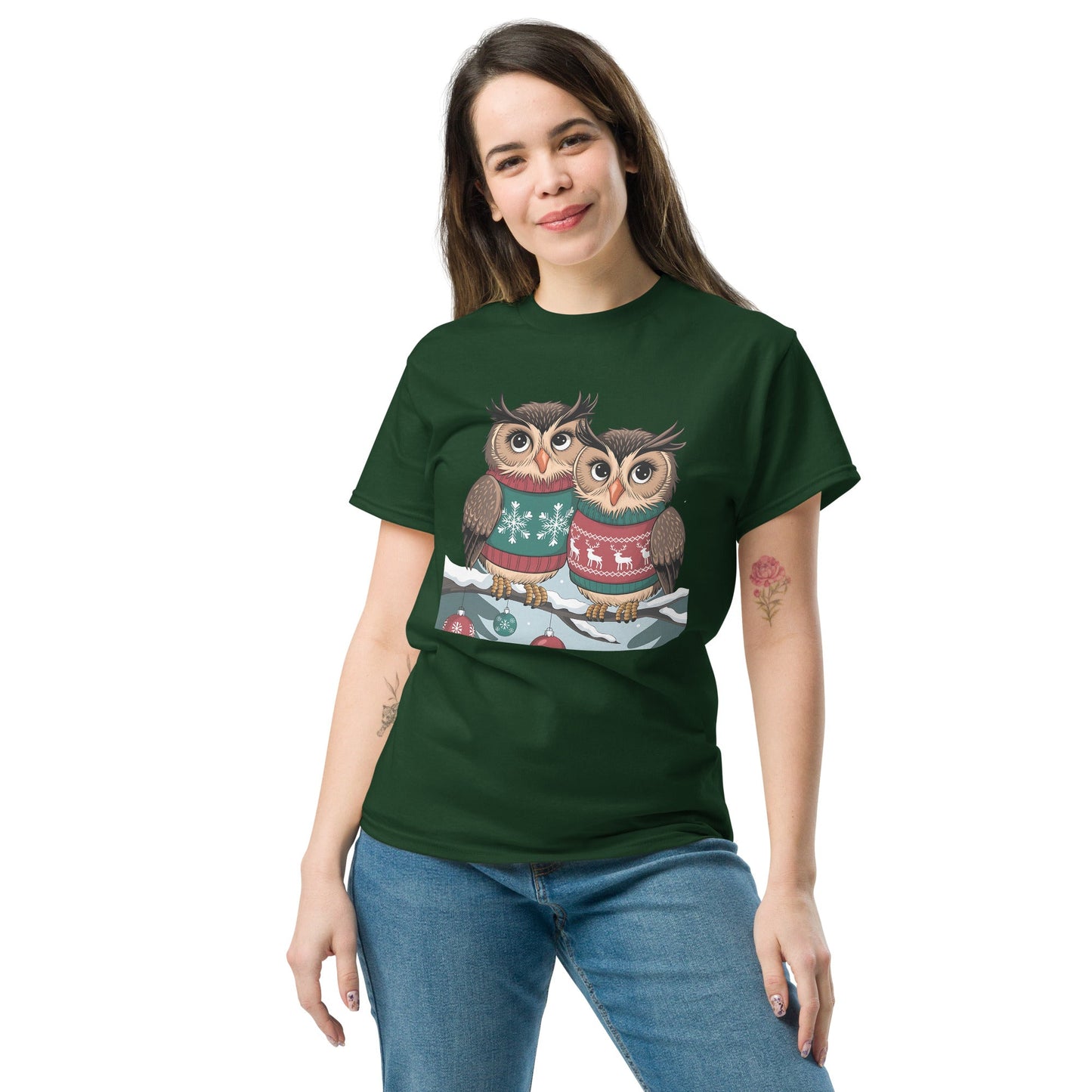 Two Owls in Christmas Sweaters T-Shirt | 100% Cotton Women’s Holiday Tee - Sublimegifts4u.com