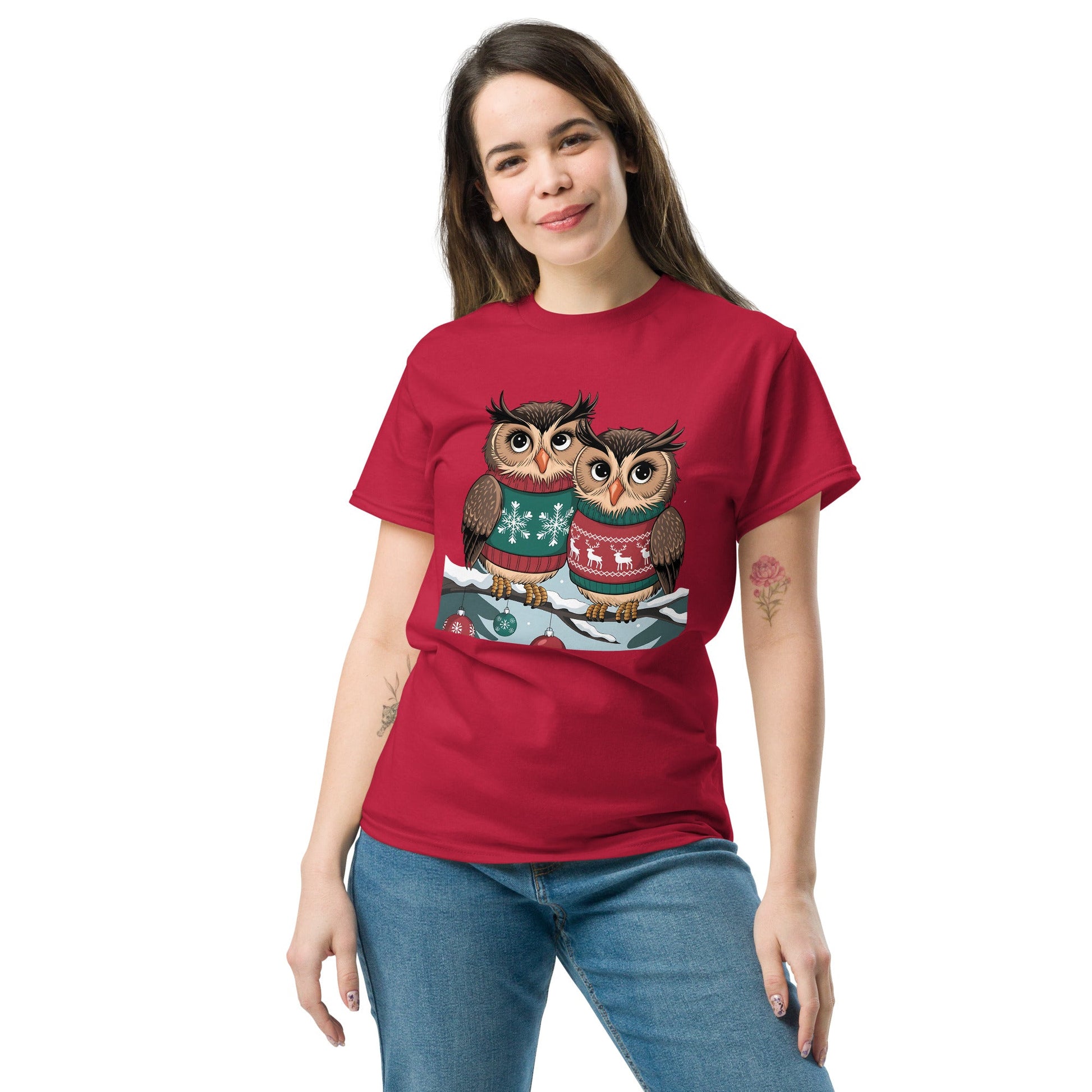 Two Owls in Christmas Sweaters T-Shirt | 100% Cotton Women’s Holiday Tee - Sublimegifts4u.com