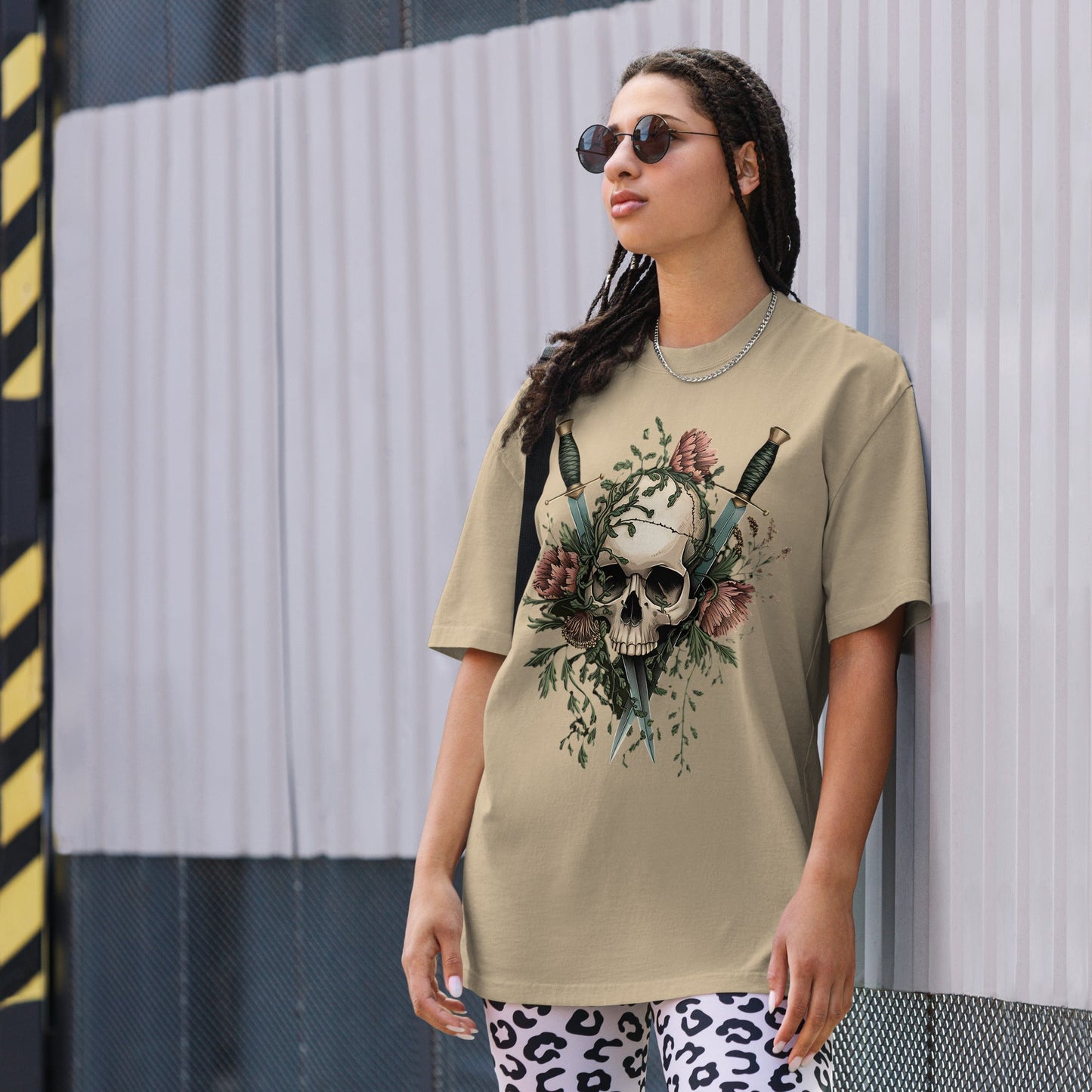 Unisex Oversized Tee with Skull, Florals, and Daggers | Edgy Grunge Style - Sublimegifts4u.com