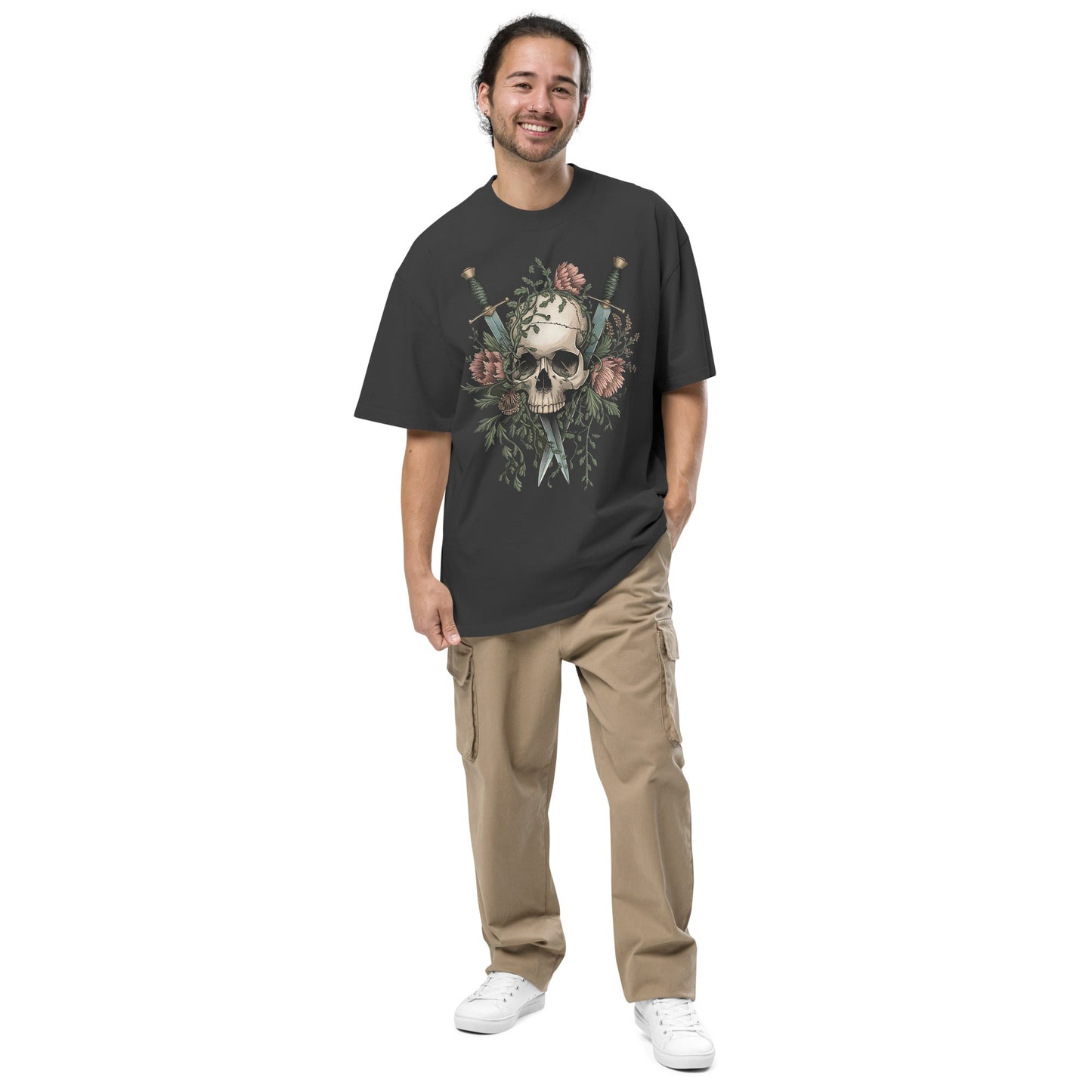 Unisex Oversized Tee with Skull, Florals, and Daggers | Edgy Grunge Style - Sublimegifts4u.com