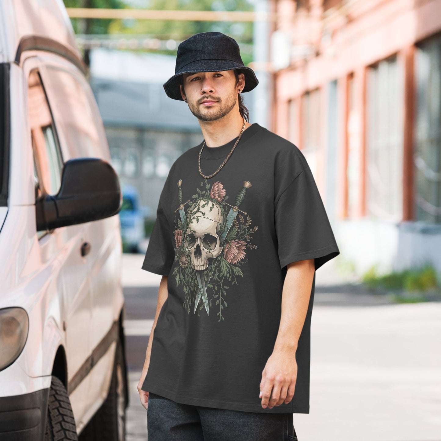 Unisex Oversized Tee with Skull, Florals, and Daggers | Edgy Grunge Style - Sublimegifts4u.com