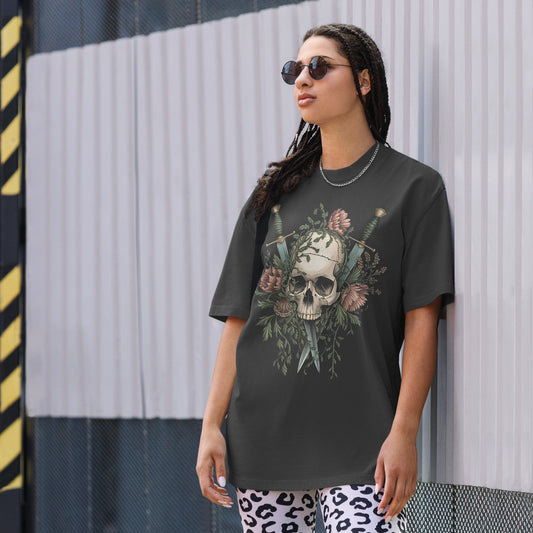 Unisex Oversized Tee with Skull, Florals, and Daggers | Edgy Grunge Style - Sublimegifts4u.com