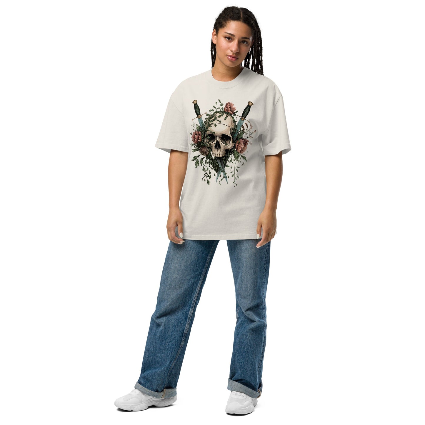 Unisex Oversized Tee with Skull, Florals, and Daggers | Edgy Grunge Style - Sublimegifts4u.com