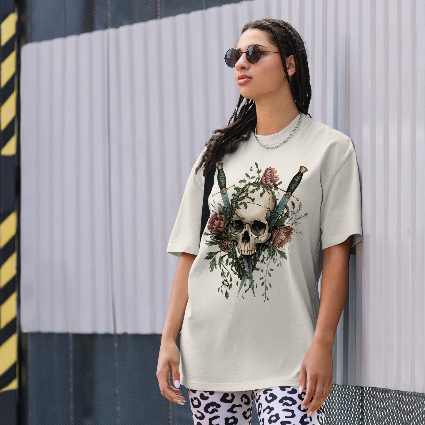 Unisex Oversized Tee with Skull, Florals, and Daggers | Edgy Grunge Style - Sublimegifts4u.com