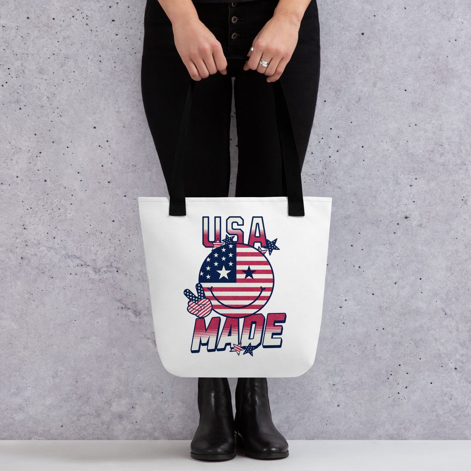 USA Made Smiley Face Tote Bag – Patriotic Red, White & Blue Design - Sublimegifts4u.com