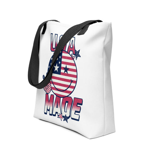 USA Made Smiley Face Tote Bag – Patriotic Red, White & Blue Design - Sublimegifts4u.com