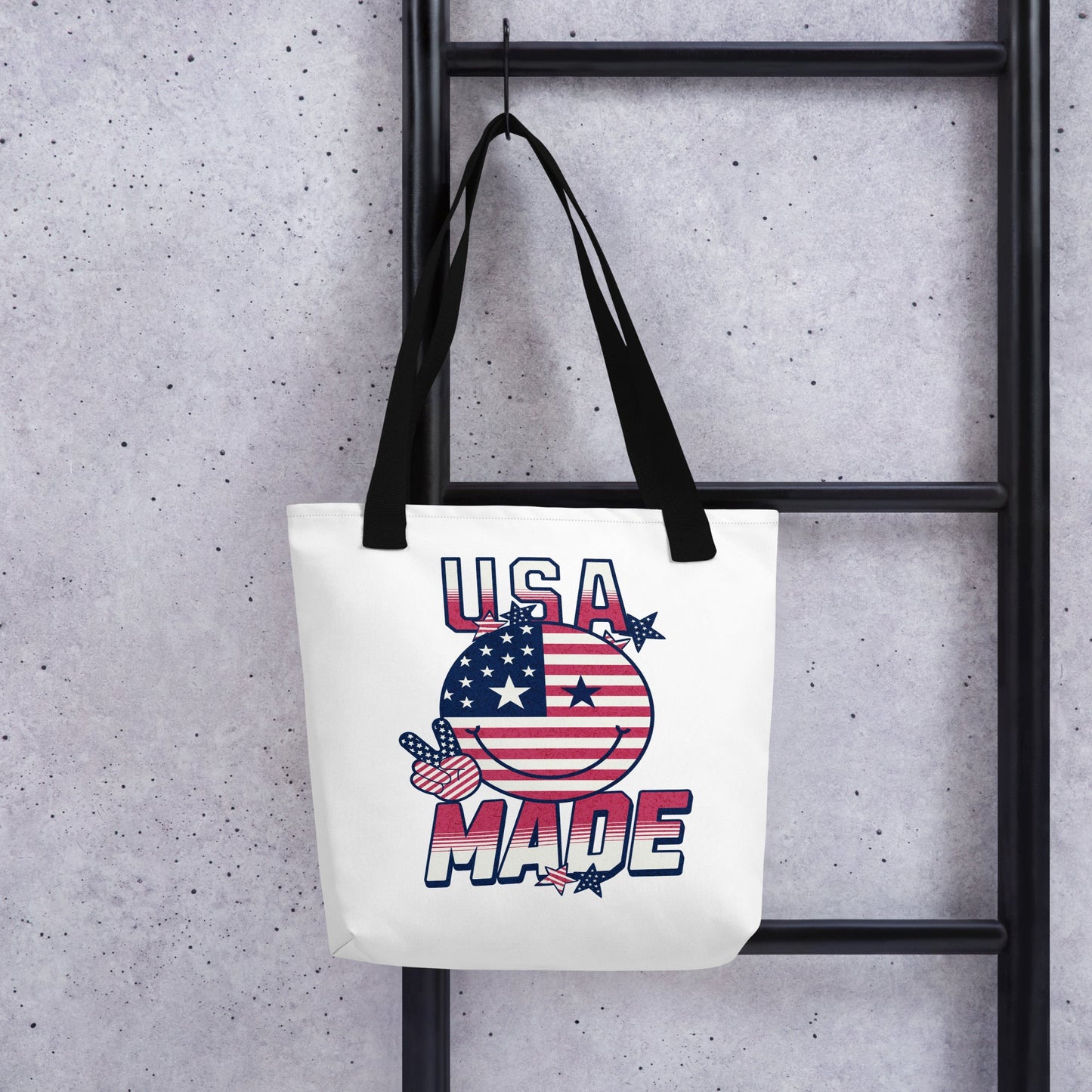 USA Made Smiley Face Tote Bag – Patriotic Red, White & Blue Design - Sublimegifts4u.com