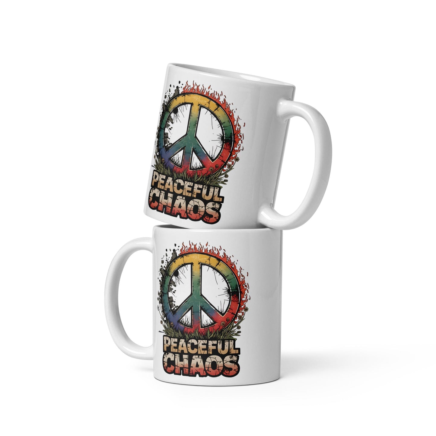 White Mug with Grunge Peace Symbol & 'Peaceful Chaos' Text - Sublimegifts4u.com