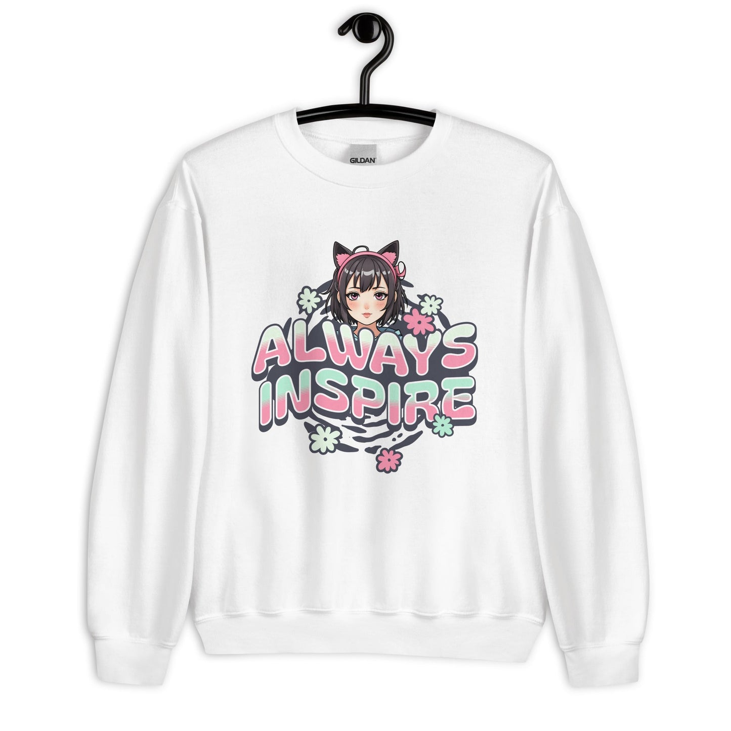 Women’s Anime Girl Sweatshirt - “Always Inspire” with Cat Ears & Pastel Florals - Sublimegifts4u.com