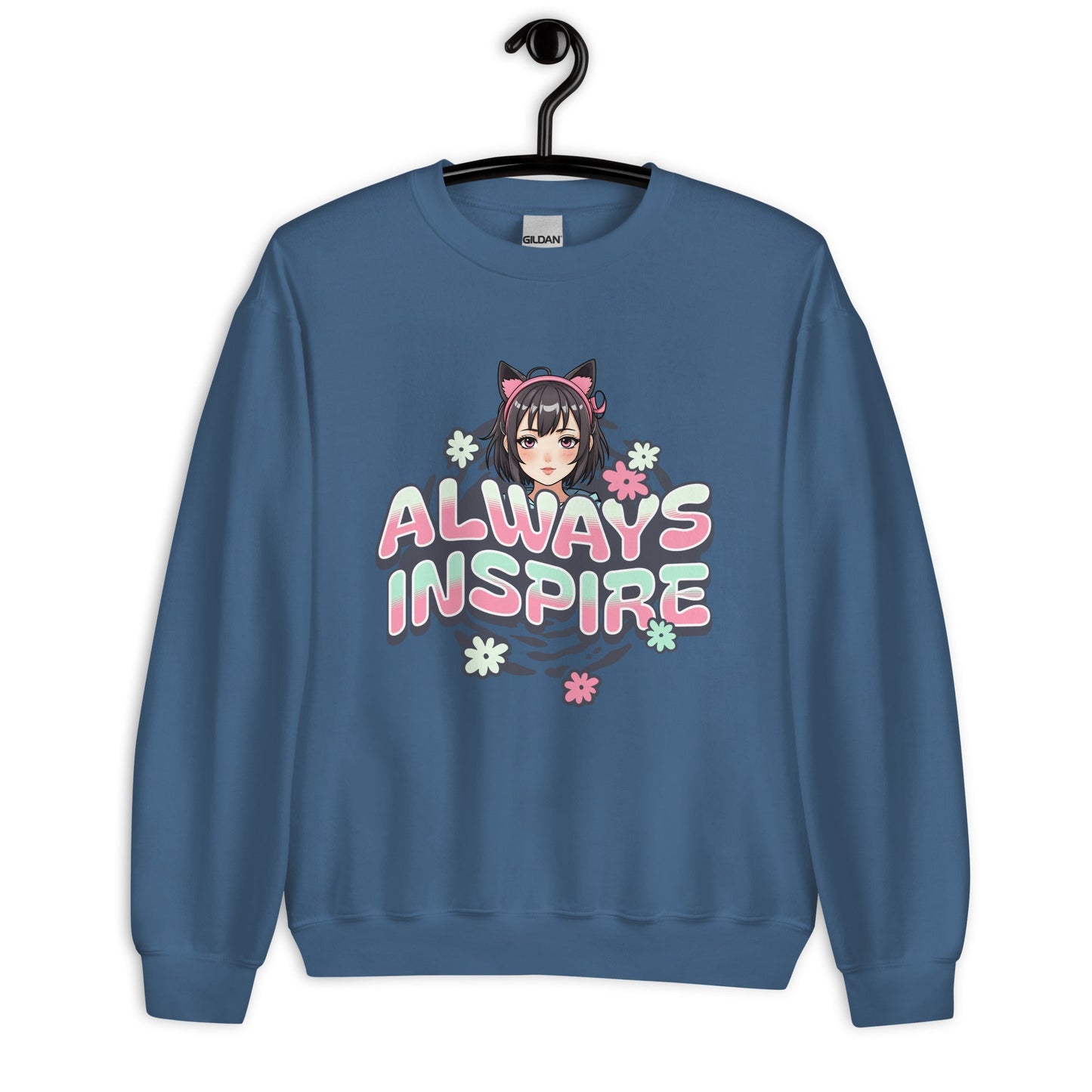 Women’s Anime Girl Sweatshirt - “Always Inspire” with Cat Ears & Pastel Florals - Sublimegifts4u.com