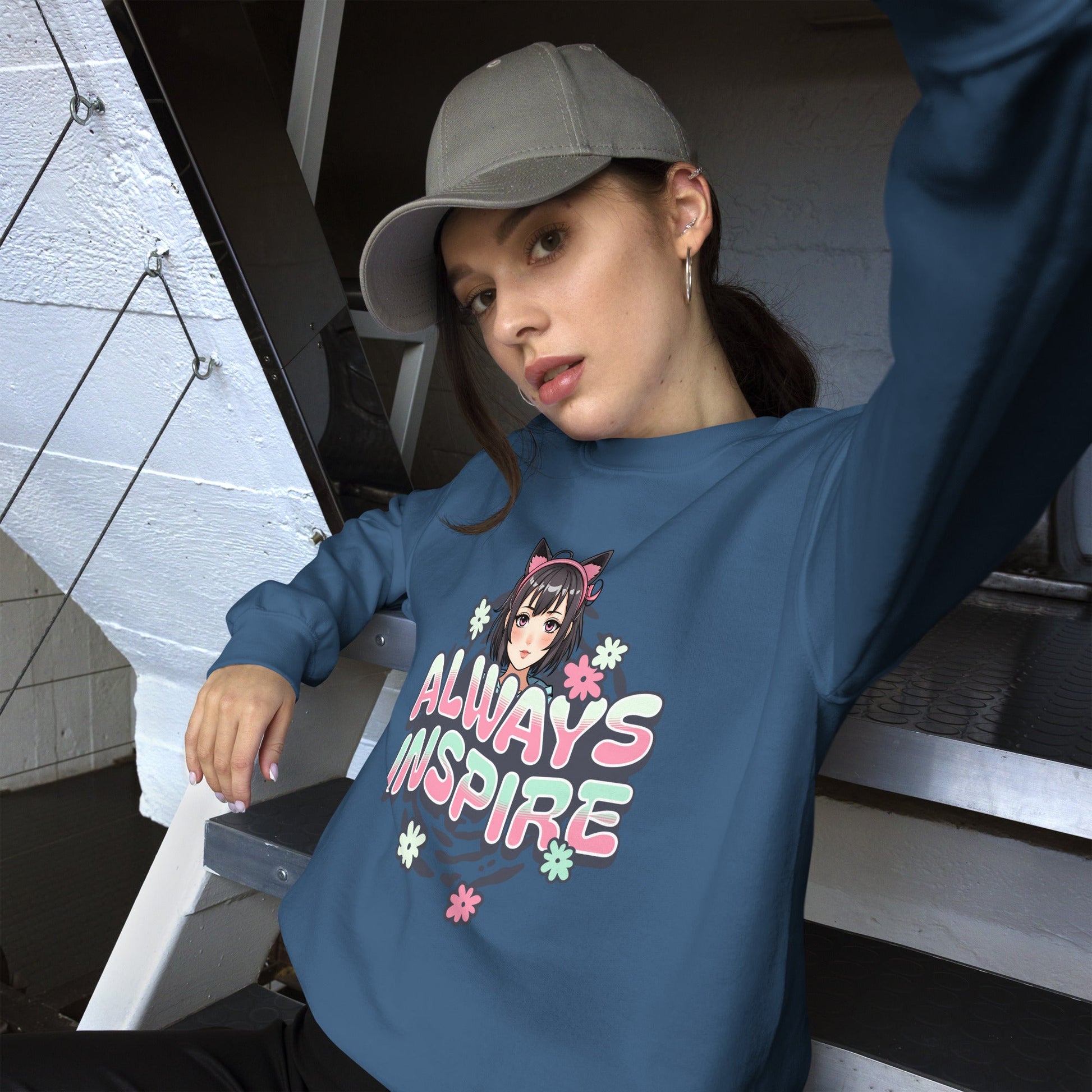 Women’s Anime Girl Sweatshirt - “Always Inspire” with Cat Ears & Pastel Florals - Sublimegifts4u.com