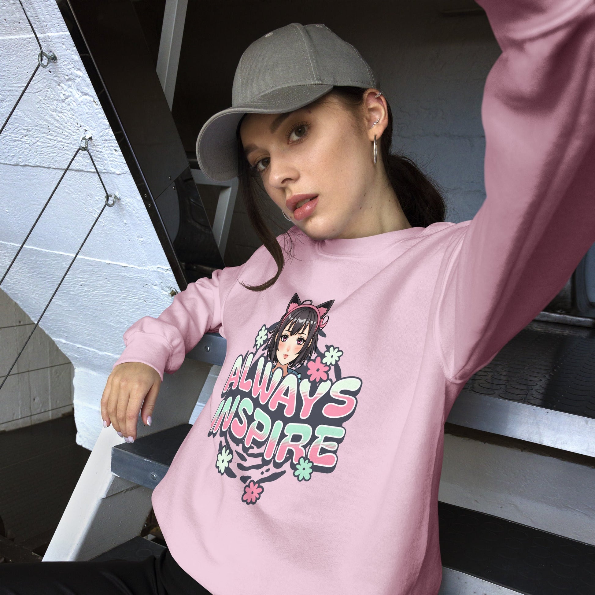 Women’s Anime Girl Sweatshirt - “Always Inspire” with Cat Ears & Pastel Florals - Sublimegifts4u.com