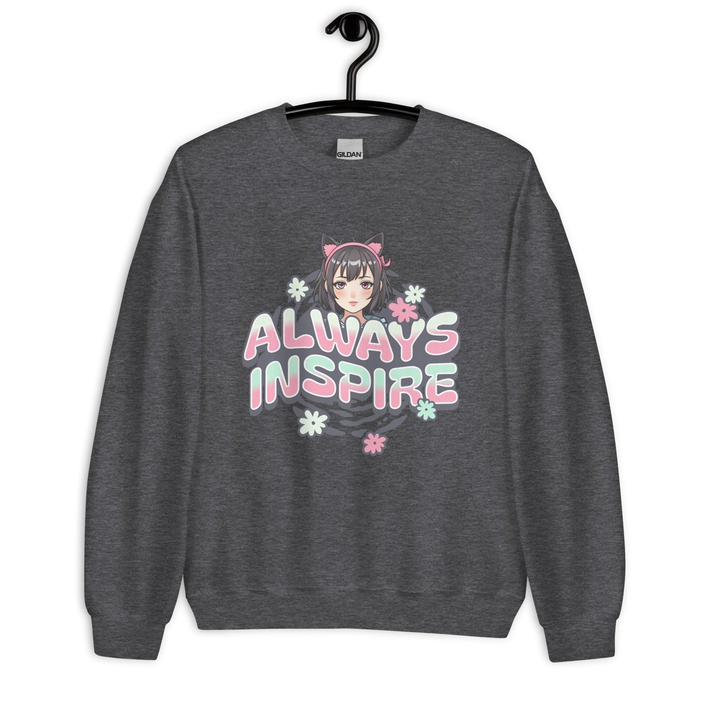 Women’s Anime Girl Sweatshirt - “Always Inspire” with Cat Ears & Pastel Florals - Sublimegifts4u.com