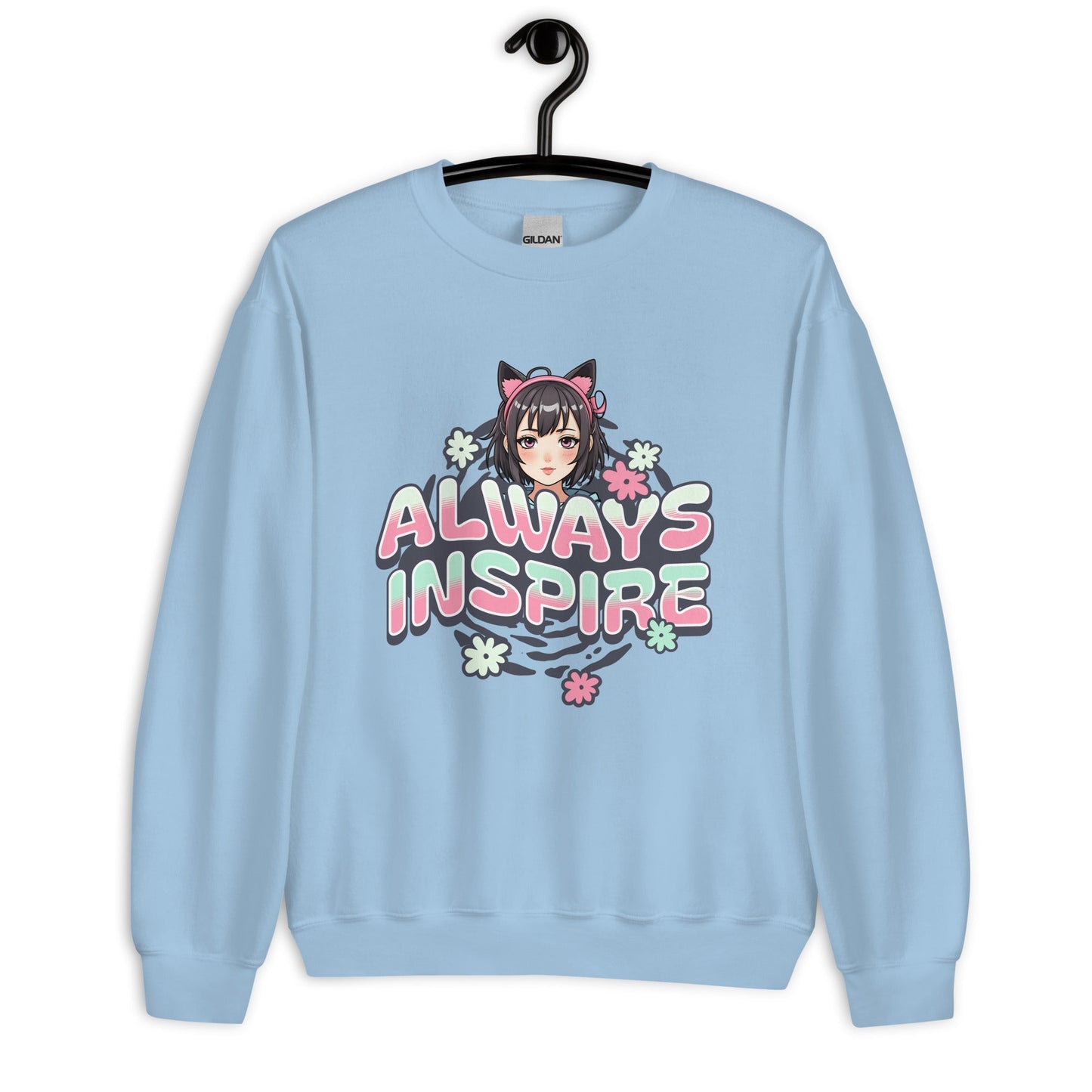 Women’s Anime Girl Sweatshirt - “Always Inspire” with Cat Ears & Pastel Florals - Sublimegifts4u.com