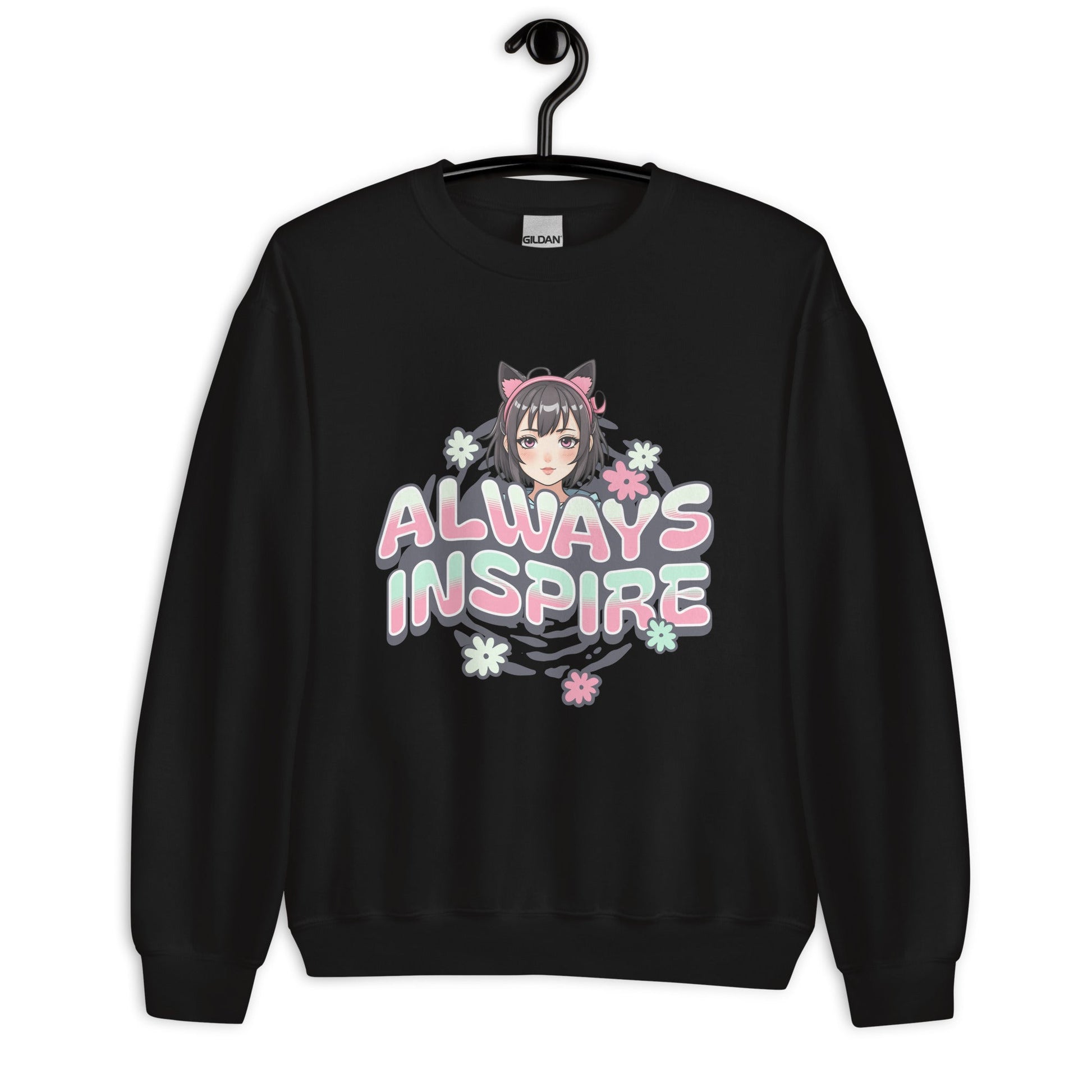 Women’s Anime Girl Sweatshirt - “Always Inspire” with Cat Ears & Pastel Florals - Sublimegifts4u.com