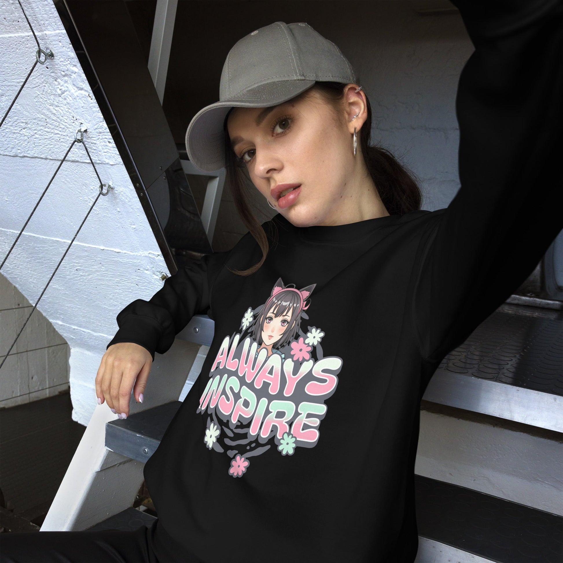 Women’s Anime Girl Sweatshirt - “Always Inspire” with Cat Ears & Pastel Florals - Sublimegifts4u.com