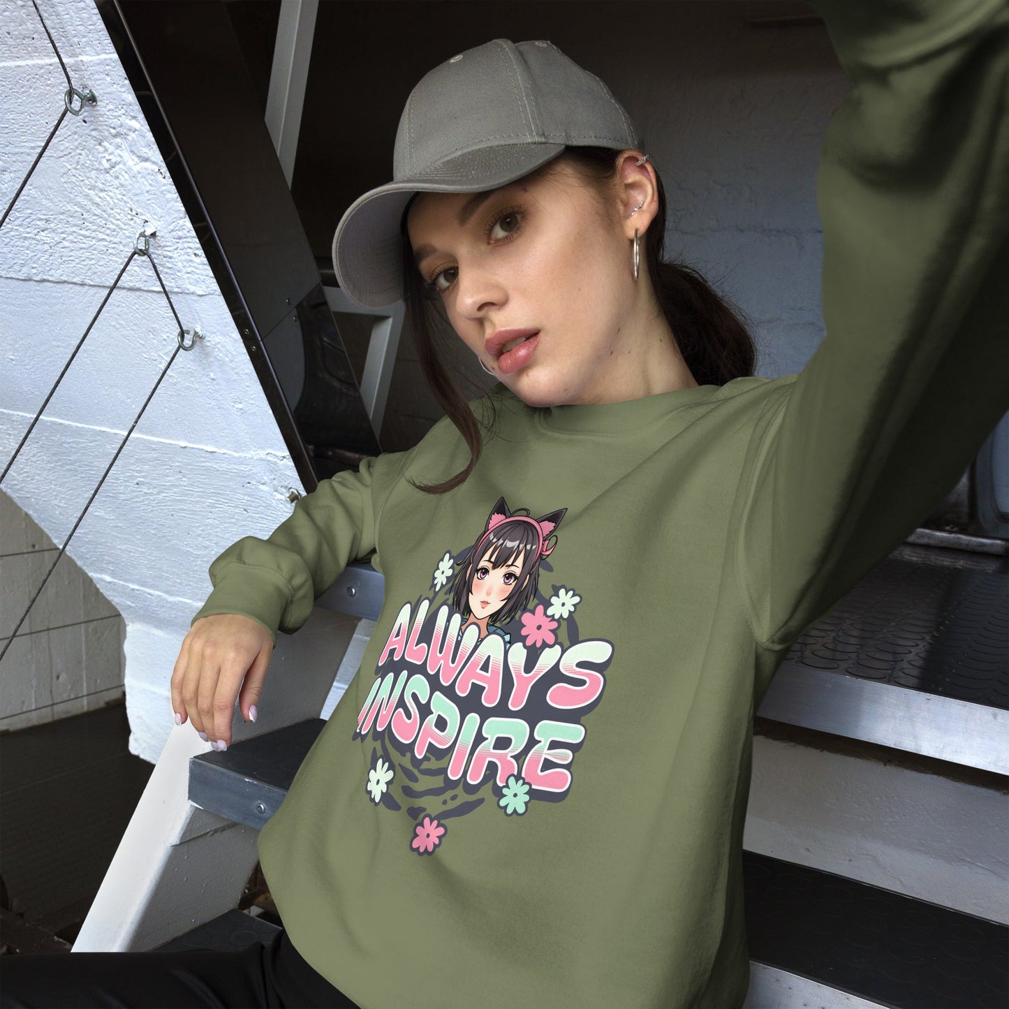 Women’s Anime Girl Sweatshirt - “Always Inspire” with Cat Ears & Pastel Florals - Sublimegifts4u.com