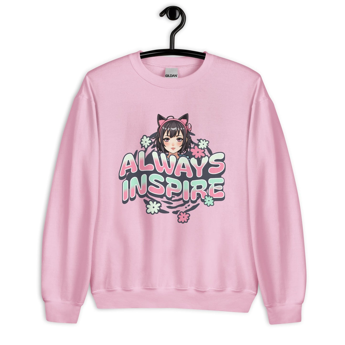 Women’s Anime Girl Sweatshirt - “Always Inspire” with Cat Ears & Pastel Florals - Sublimegifts4u.com