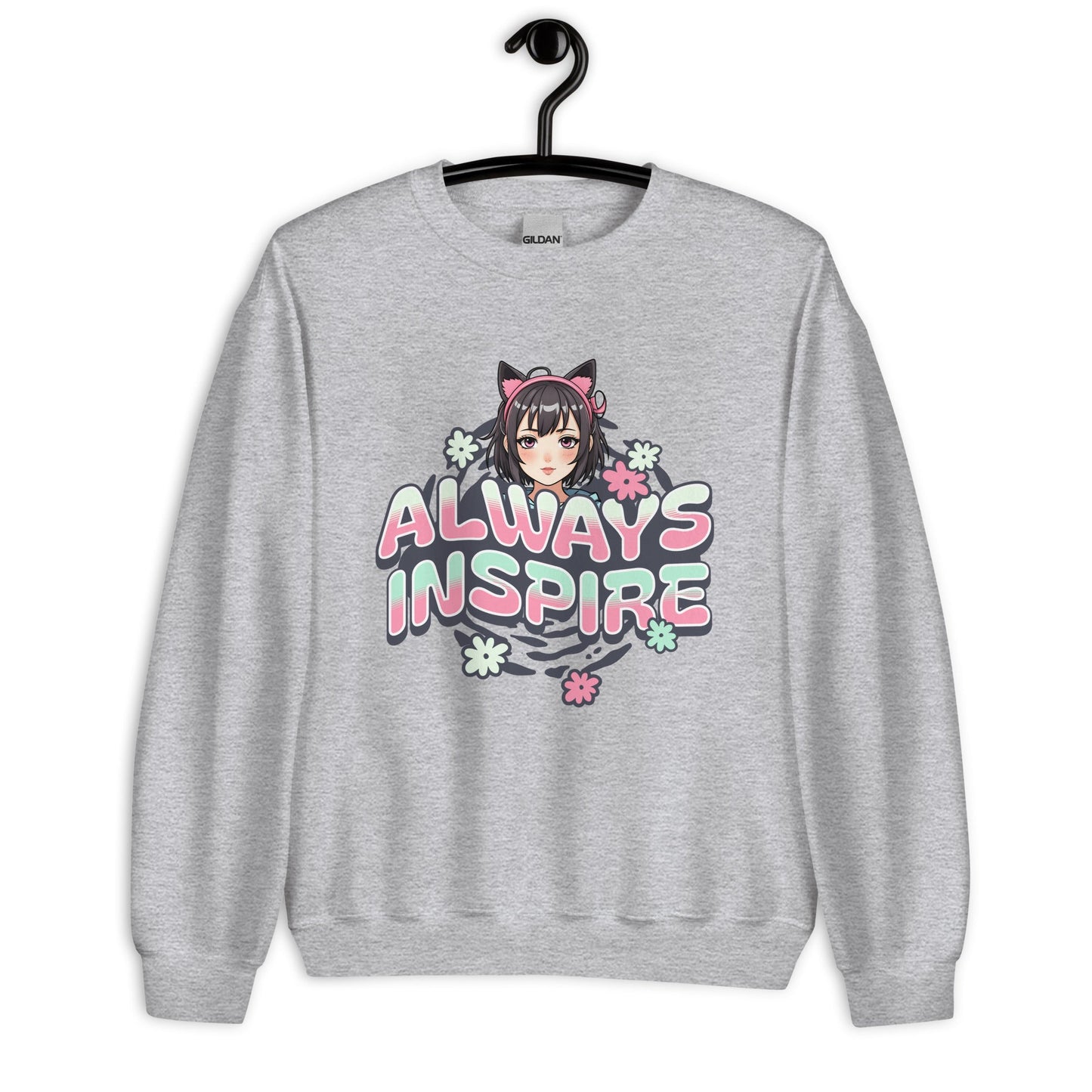 Women’s Anime Girl Sweatshirt - “Always Inspire” with Cat Ears & Pastel Florals - Sublimegifts4u.com