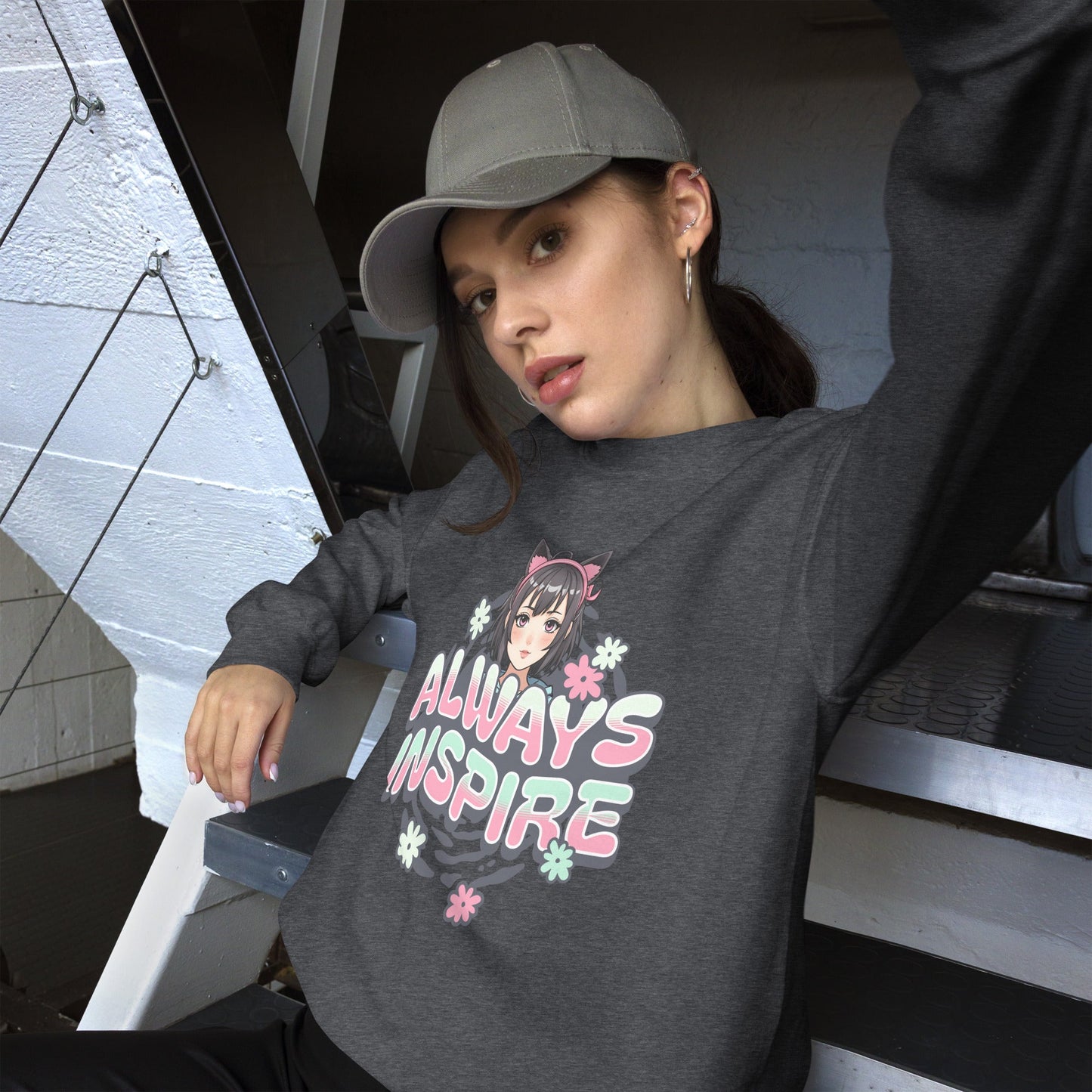 Women’s Anime Girl Sweatshirt - “Always Inspire” with Cat Ears & Pastel Florals - Sublimegifts4u.com