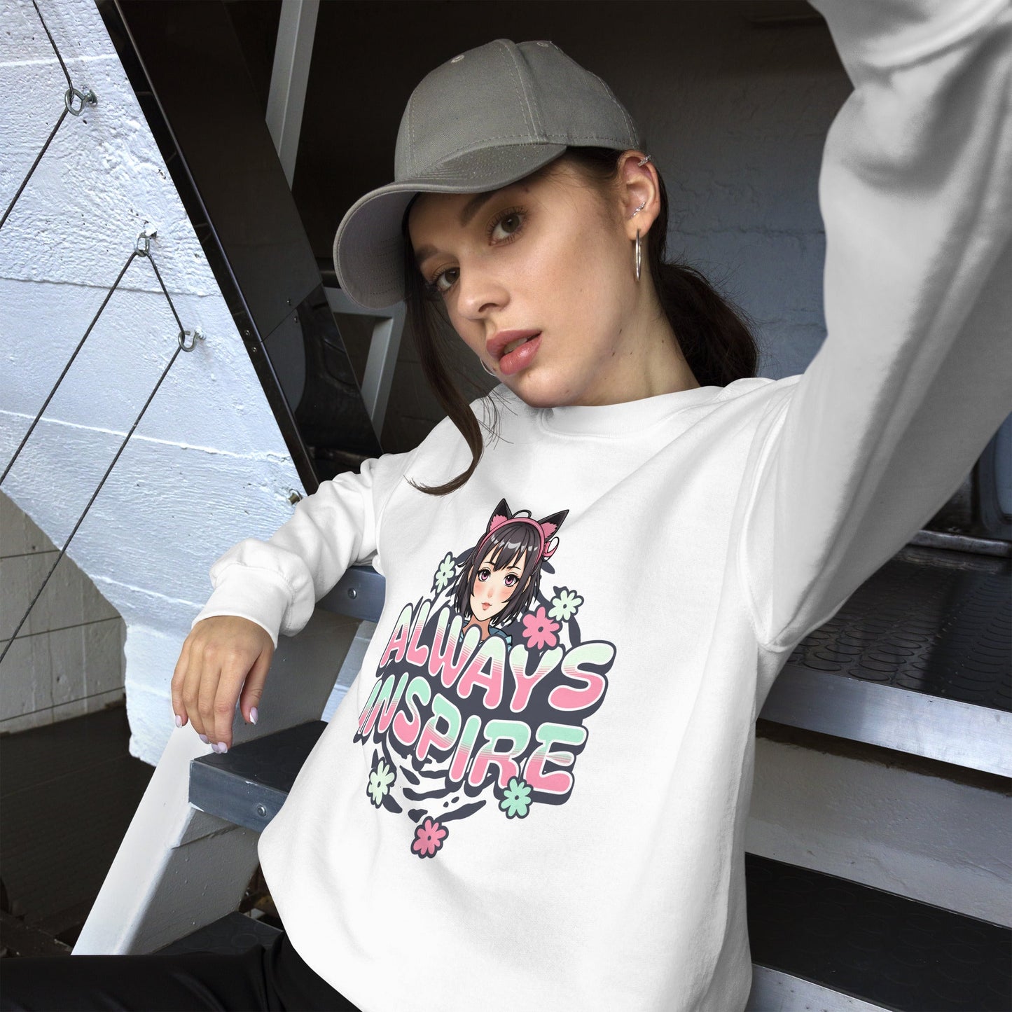 Women’s Anime Girl Sweatshirt - “Always Inspire” with Cat Ears & Pastel Florals - Sublimegifts4u.com