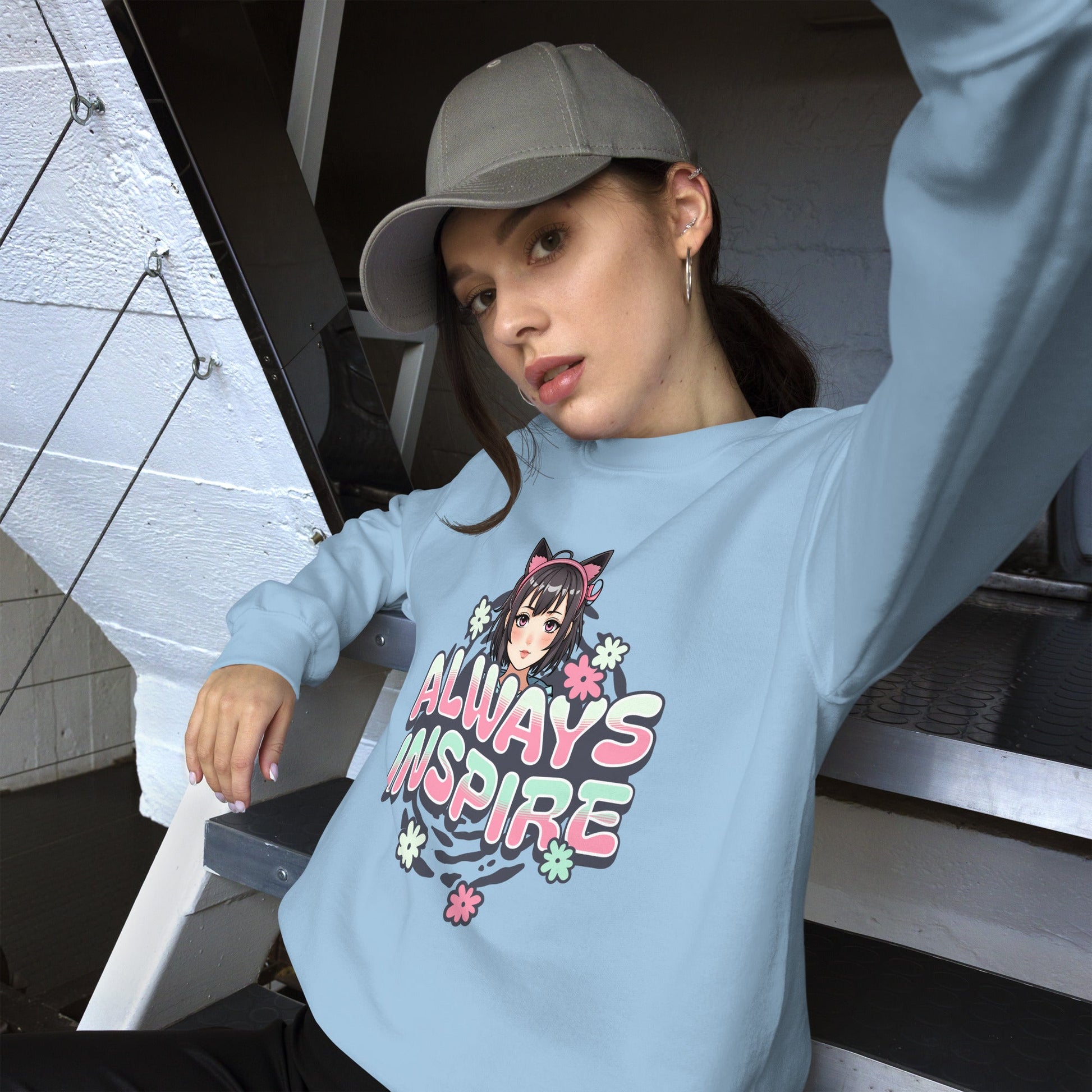 Women’s Anime Girl Sweatshirt - “Always Inspire” with Cat Ears & Pastel Florals - Sublimegifts4u.com