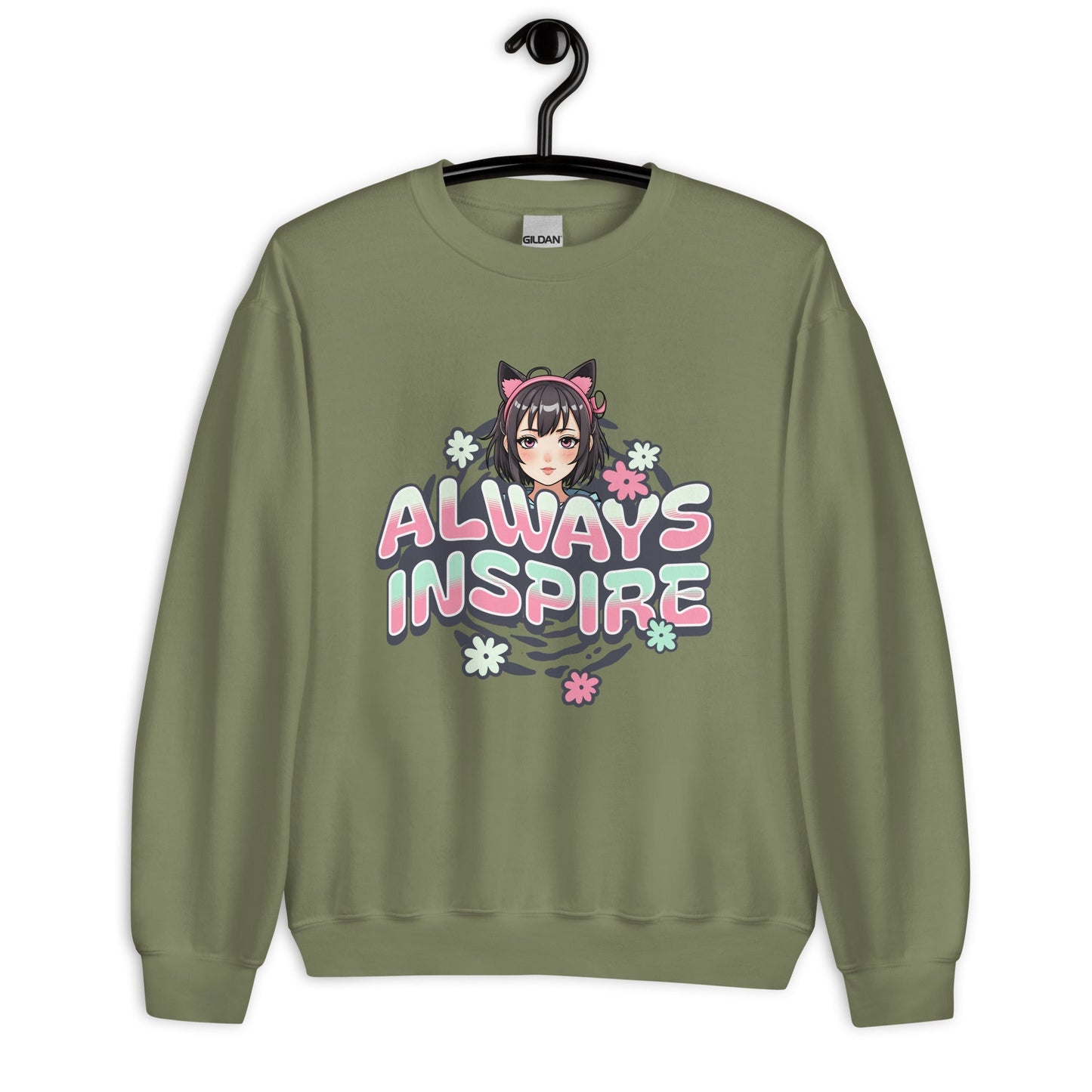 Women’s Anime Girl Sweatshirt - “Always Inspire” with Cat Ears & Pastel Florals - Sublimegifts4u.com