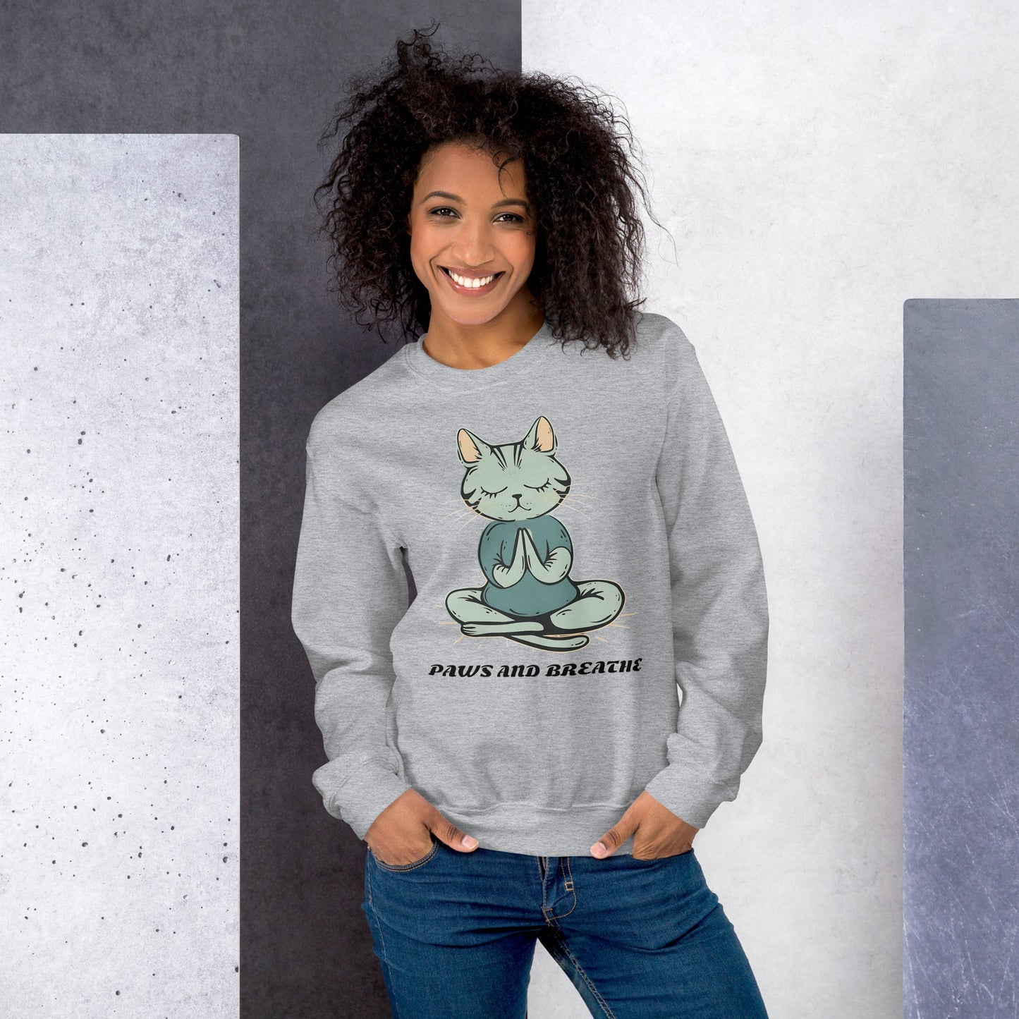 Women's Cat Meditating Sweatshirt - Paws and Breathe | Cozy & Stylish - Sublimegifts4u.com