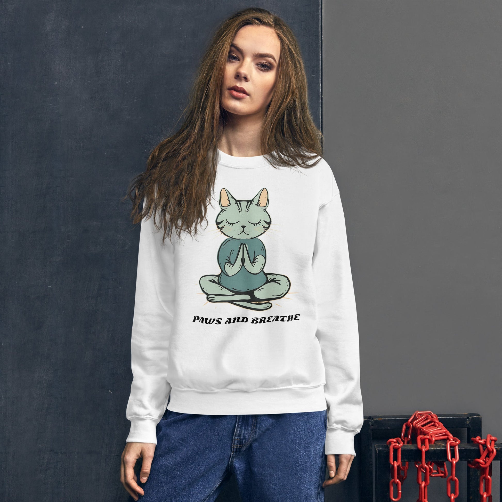 Women's Cat Meditating Sweatshirt - Paws and Breathe | Cozy & Stylish - Sublimegifts4u.com