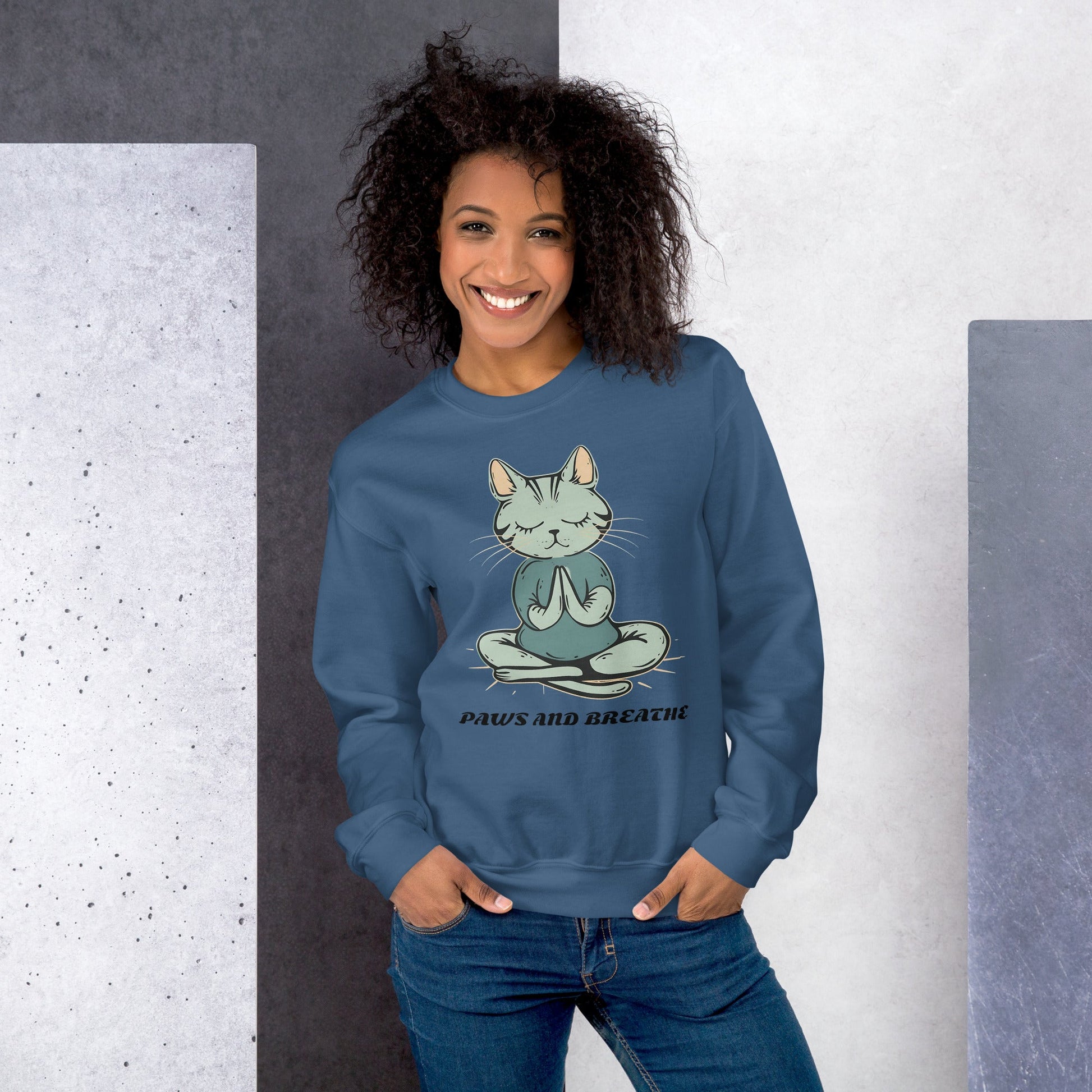 Women's Cat Meditating Sweatshirt - Paws and Breathe | Cozy & Stylish - Sublimegifts4u.com