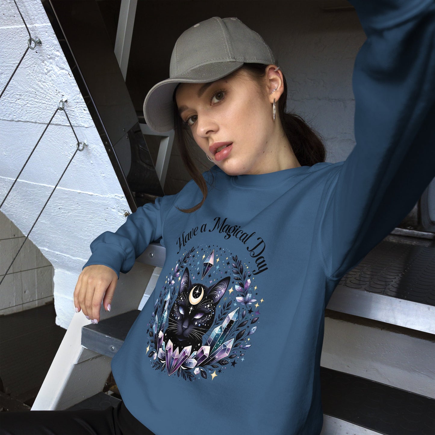 Women's Celestial Cat Sweatshirt - 'Have a Magical Day' - Cozy & Stylish - Sublimegifts4u.com