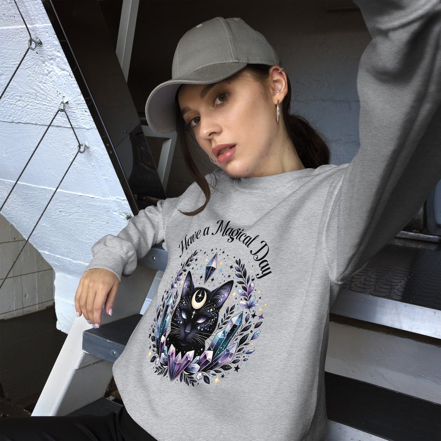 Women's Celestial Cat Sweatshirt - 'Have a Magical Day' - Cozy & Stylish - Sublimegifts4u.com