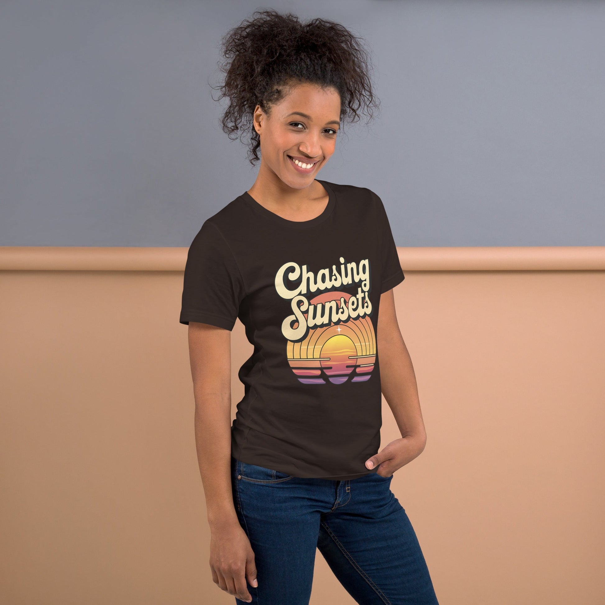 Women's "Chasing Sunsets" Tee with Vintage Retro Sunset Design - Soft and Lightweight - Sublimegifts4u.com